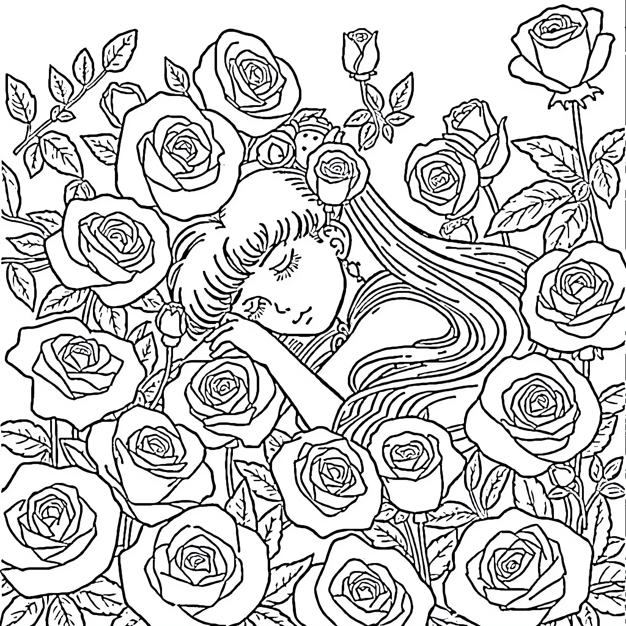 Sailor Moon surrounded by enchanting roses Coloring Page (free black-and-white line drawing printable PDF for all, from beginners to advanced learners, including children, teens, adults, and seniors)