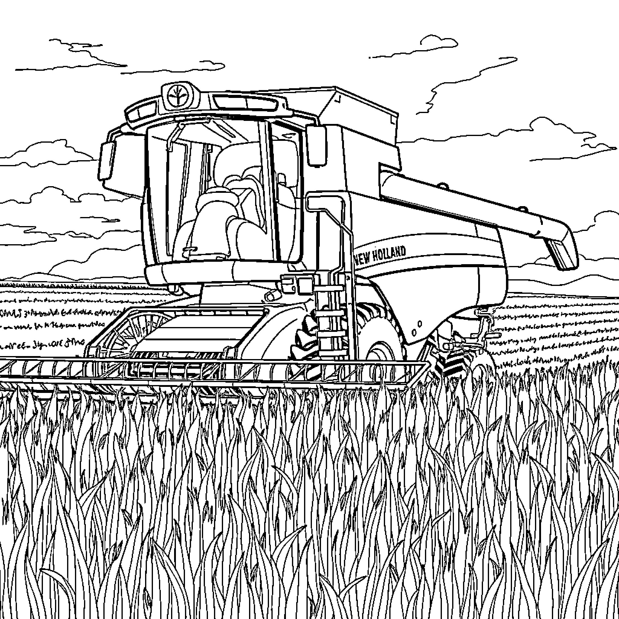 Combine harvester working in wheat field Coloring Page (free black-and-white line drawing printable PDF for all, from beginners to advanced learners, including children, teens, adults, and seniors)