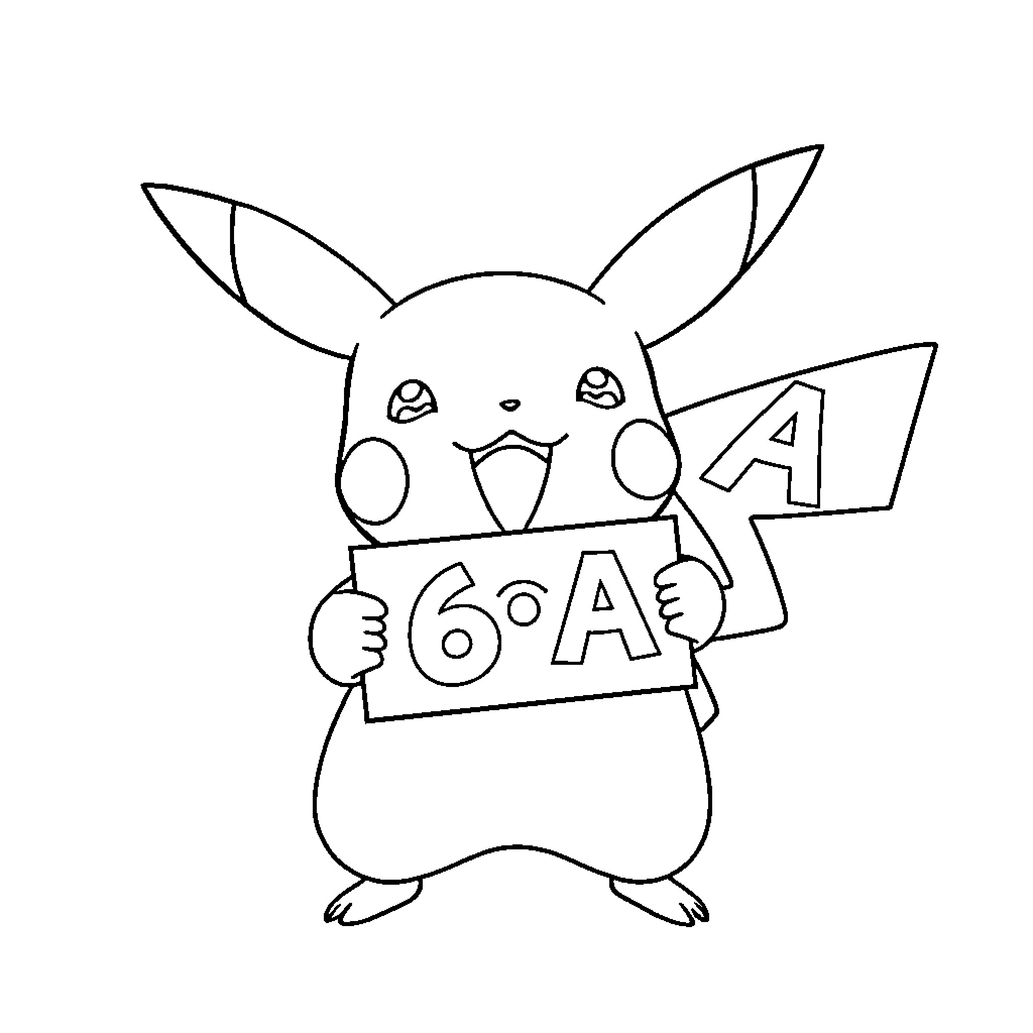 Pikachu holding 'A 6 A' sign Coloring Page (free black-and-white line drawing printable PDF for all, from beginners to advanced learners, including children, teens, adults, and seniors)