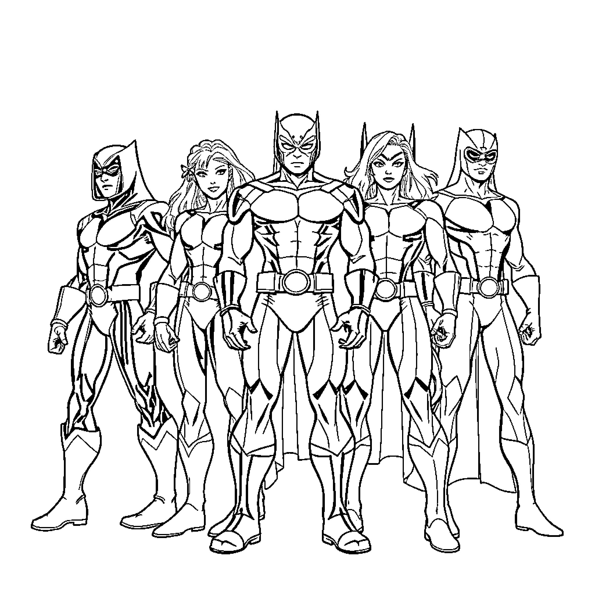X-Men Heroes Assemble with Powerful Poses Coloring Page (free black-and-white line drawing printable PDF for all, from beginners to advanced learners, including children, teens, adults, and seniors)