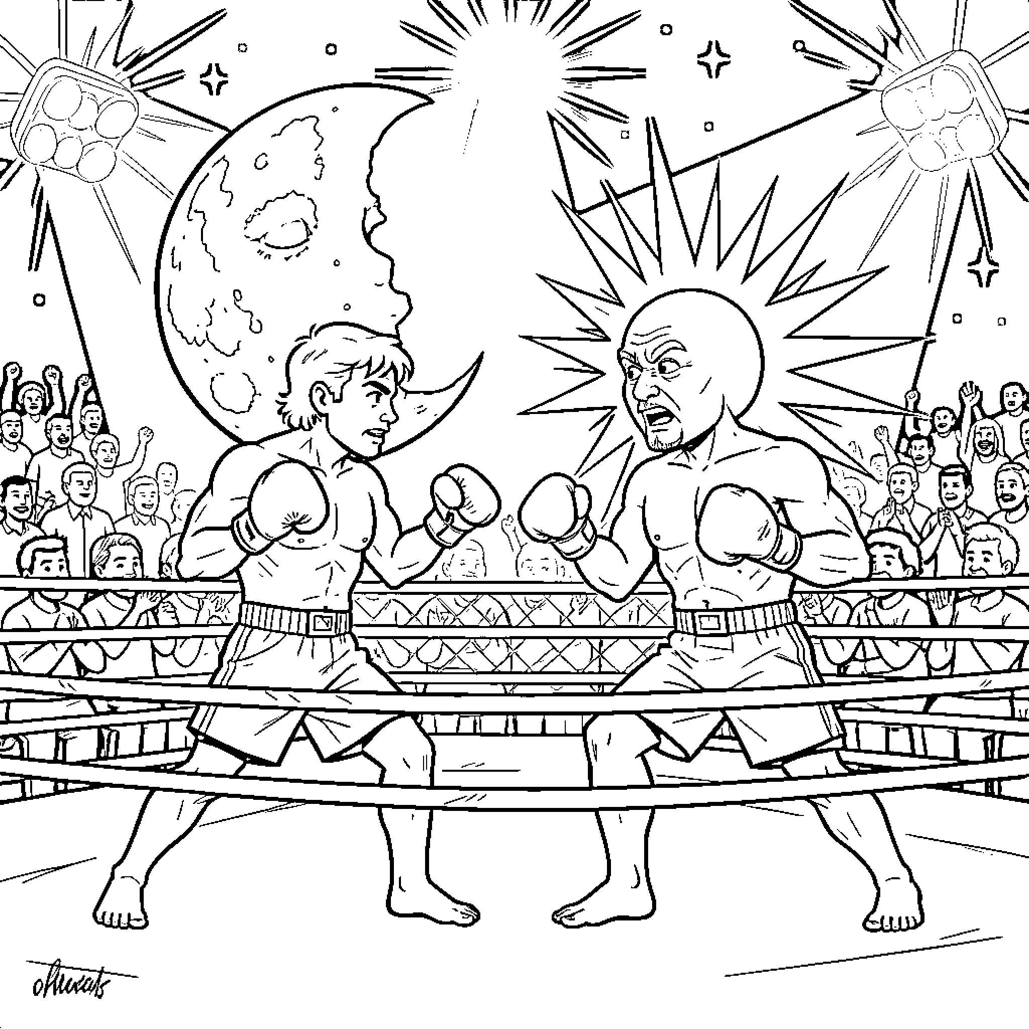 Luna y Sol: Boxers facing off in the ring Coloring Page (free black-and-white line drawing printable PDF for all, from beginners to advanced learners, including children, teens, adults, and seniors)