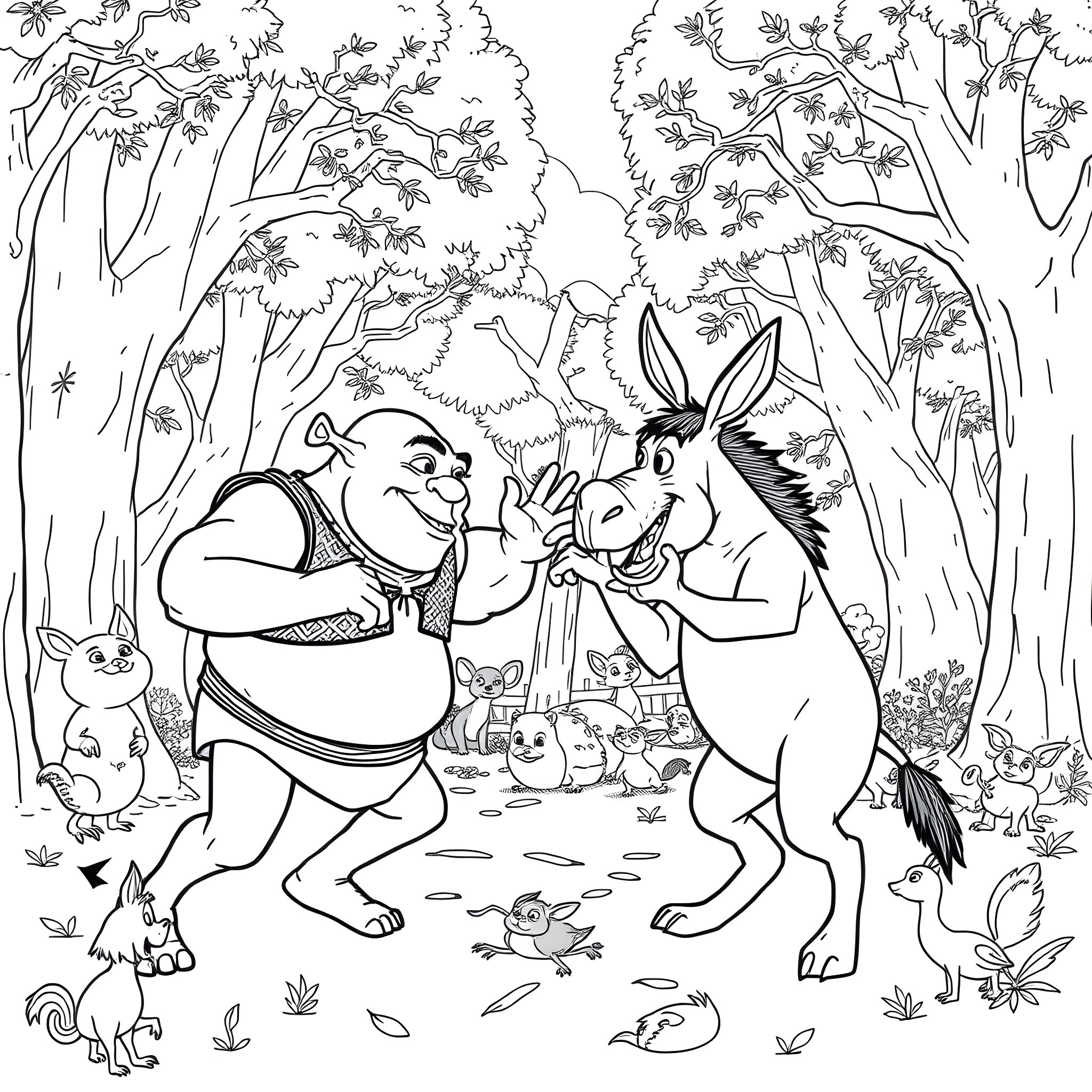 Shrek and Donkey having a lively conversation in the forest Coloring Page (free black-and-white line drawing printable PDF for all, from beginners to advanced learners, including children, teens, adults, and seniors)
