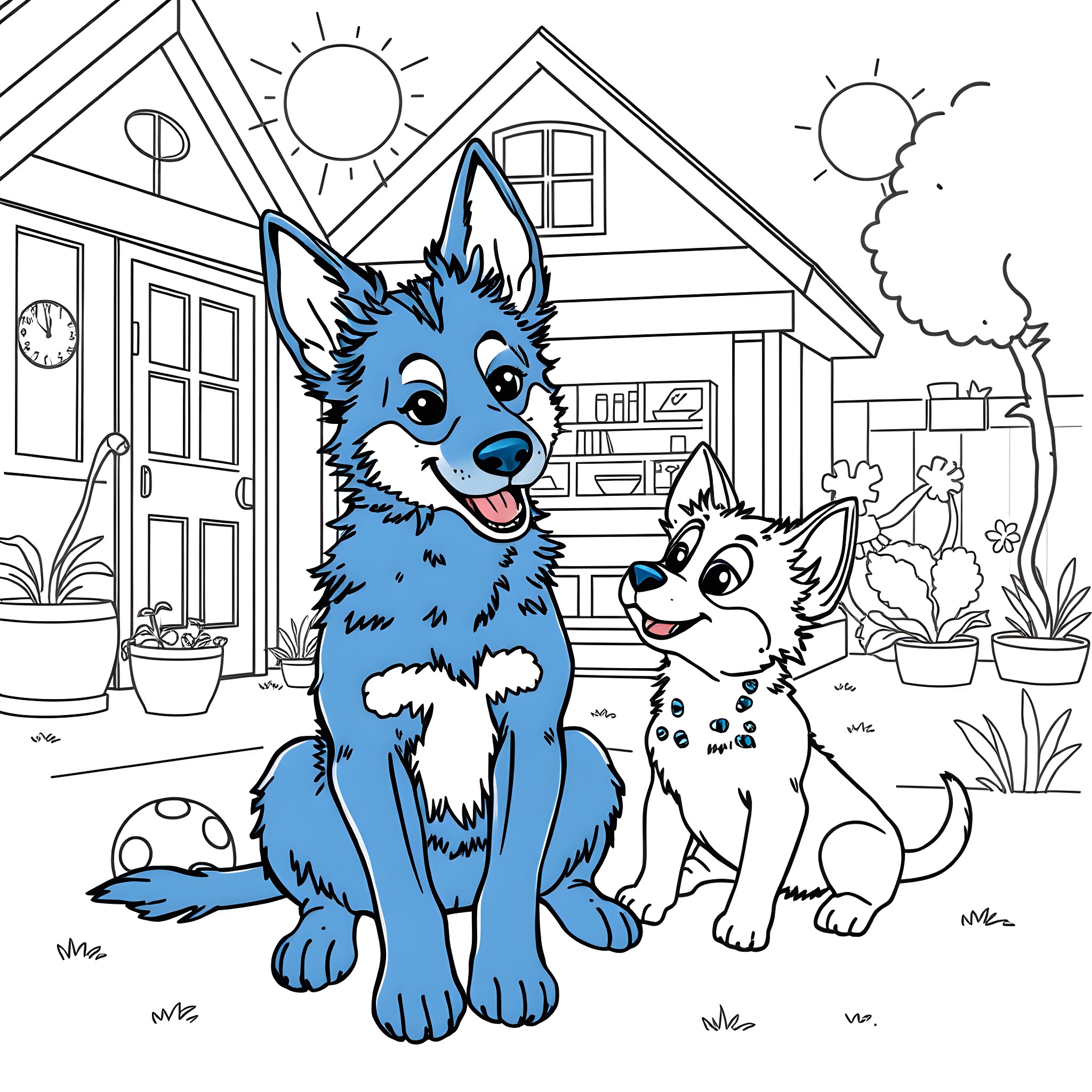 Bluey and Bingo having fun in the backyard Coloring Page (free black-and-white line drawing printable PDF for all, from beginners to advanced learners, including children, teens, adults, and seniors)