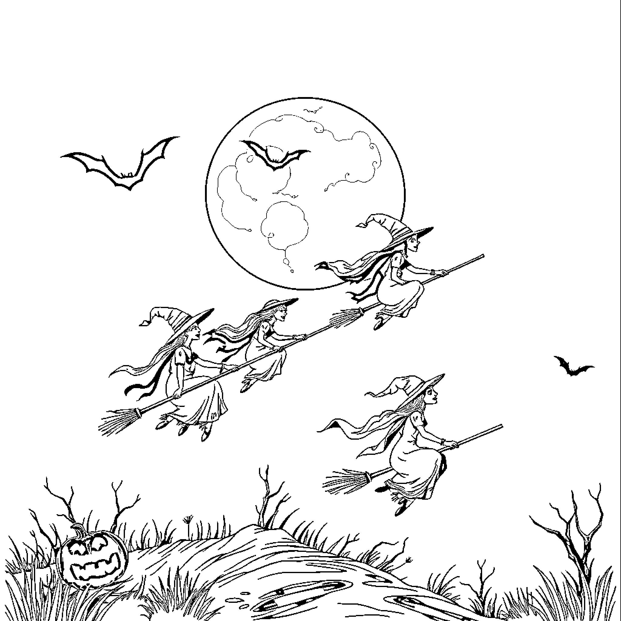 Witch Coven Soaring Over Moonlit Night Landscape Coloring Page (free black-and-white line drawing printable PDF for all, from beginners to advanced learners, including children, teens, adults, and seniors)