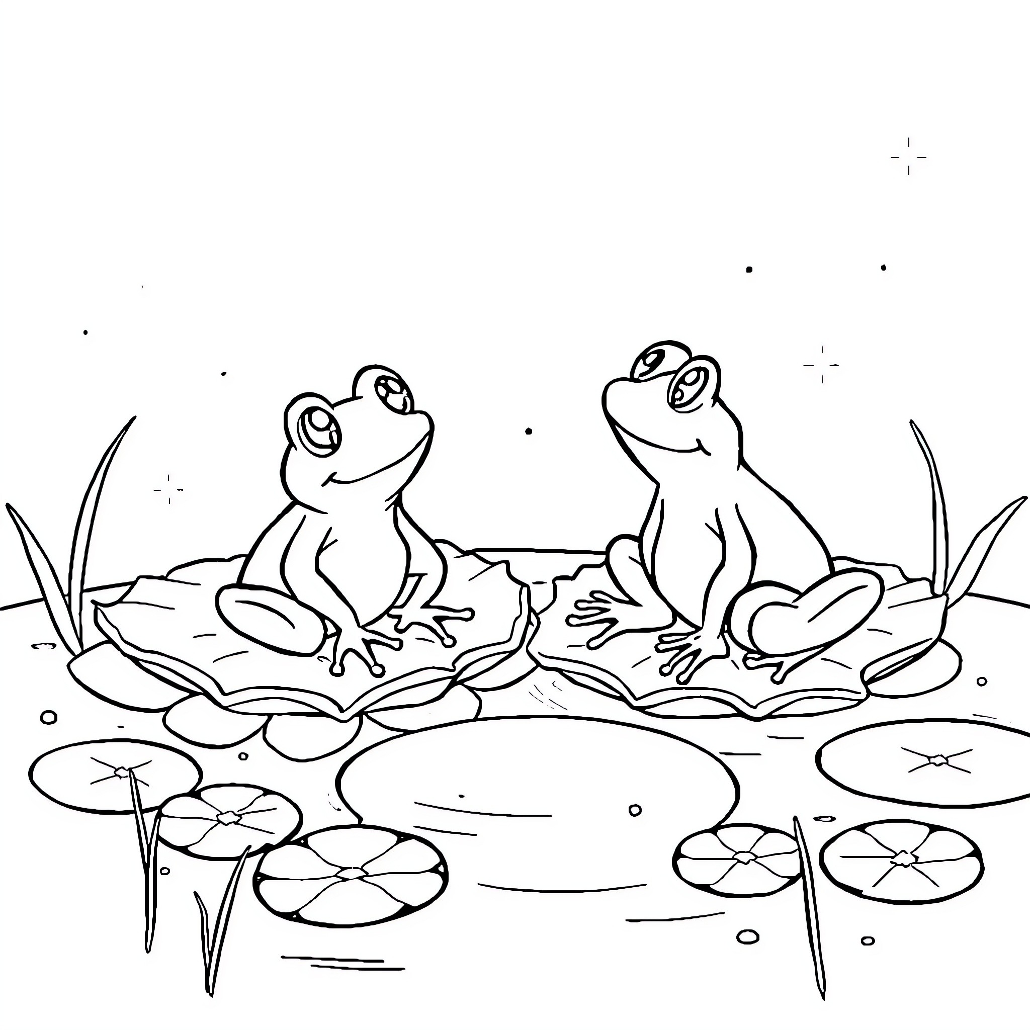 Frogs enjoying a peaceful pond Coloring Page (free black-and-white line drawing printable PDF for all, from beginners to advanced learners, including children, teens, adults, and seniors)
