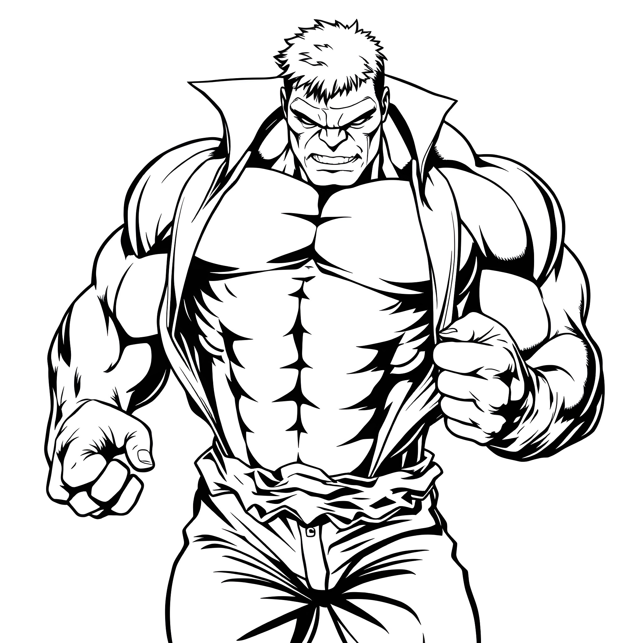 Hulk's Powerful Stance and Intimidating Expression Coloring Page (free black-and-white line drawing printable PDF for all, from beginners to advanced learners, including children, teens, adults, and seniors)