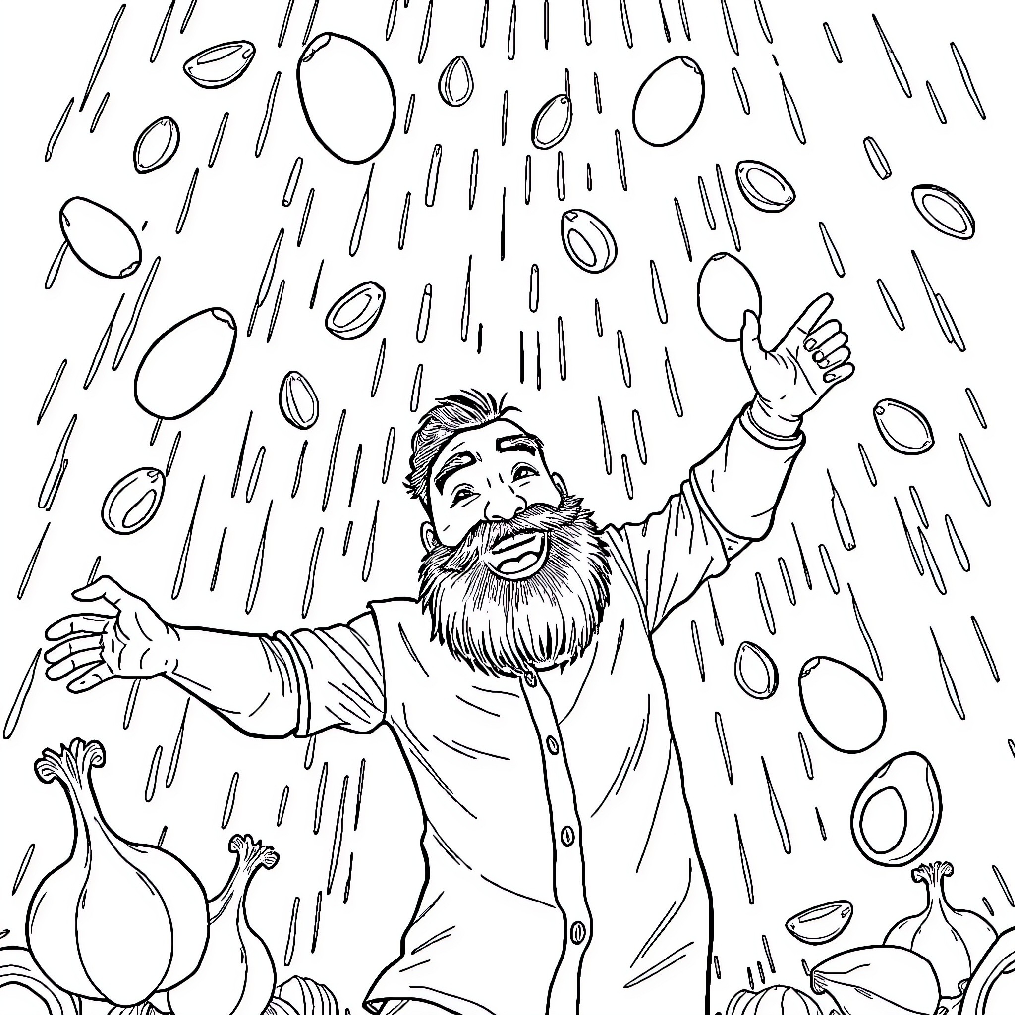 Guy joyfully embracing the rain among vegetables Coloring Page (free black-and-white line drawing printable PDF for all, from beginners to advanced learners, including children, teens, adults, and seniors)