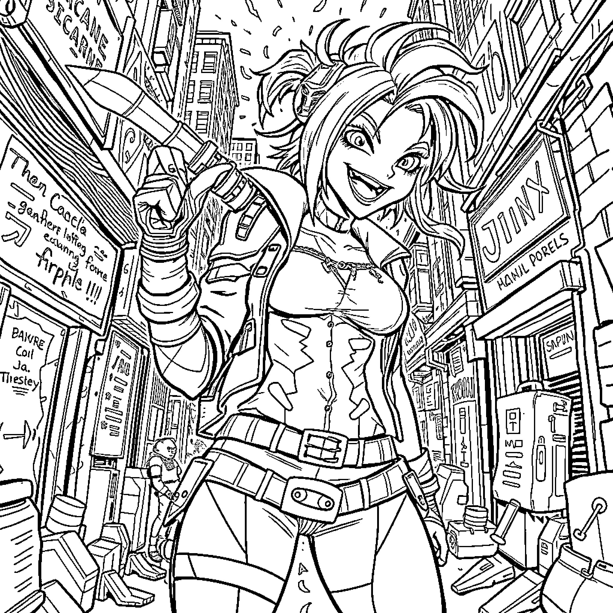 Jinx causing chaos in the city streets Coloring Page (free black-and-white line drawing printable PDF for all, from beginners to advanced learners, including children, teens, adults, and seniors)