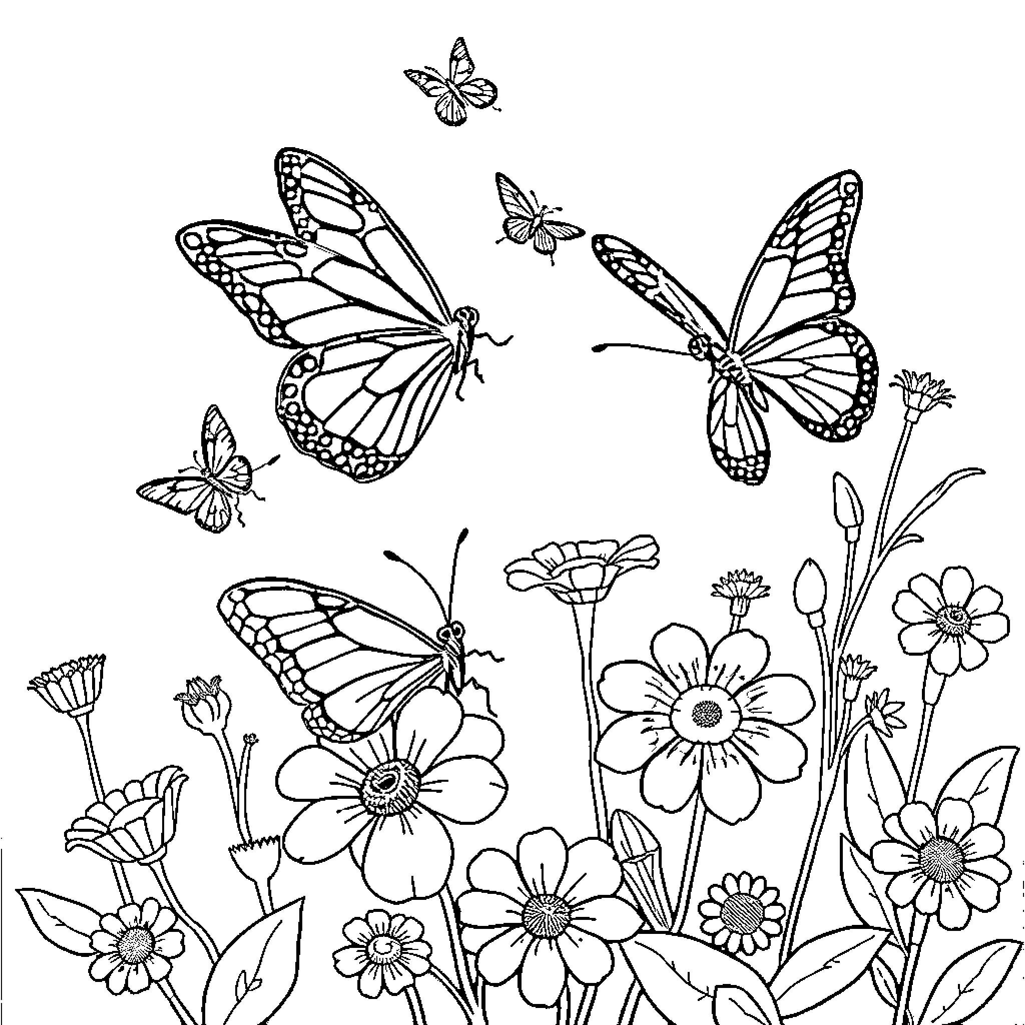 Butterfly Garden with Fluttering Butterflies Coloring Page (free black-and-white line drawing printable PDF for all, from beginners to advanced learners, including children, teens, adults, and seniors)