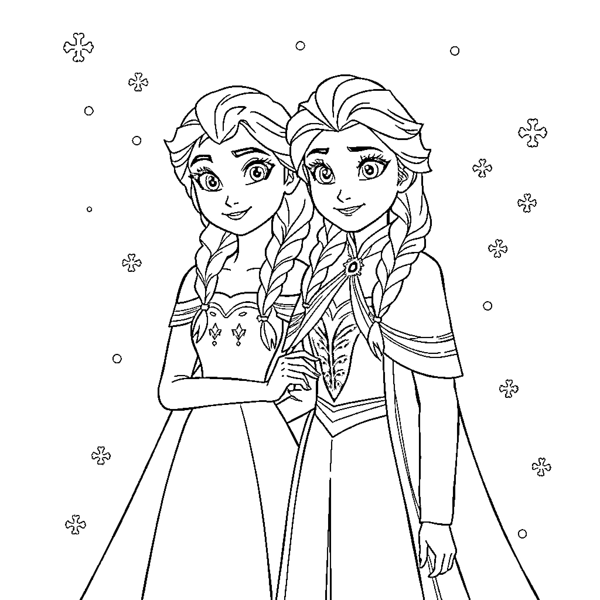 Anna and Elsa in winter adventure outfits Coloring Page (free black-and-white line drawing printable PDF for all, from beginners to advanced learners, including children, teens, adults, and seniors)