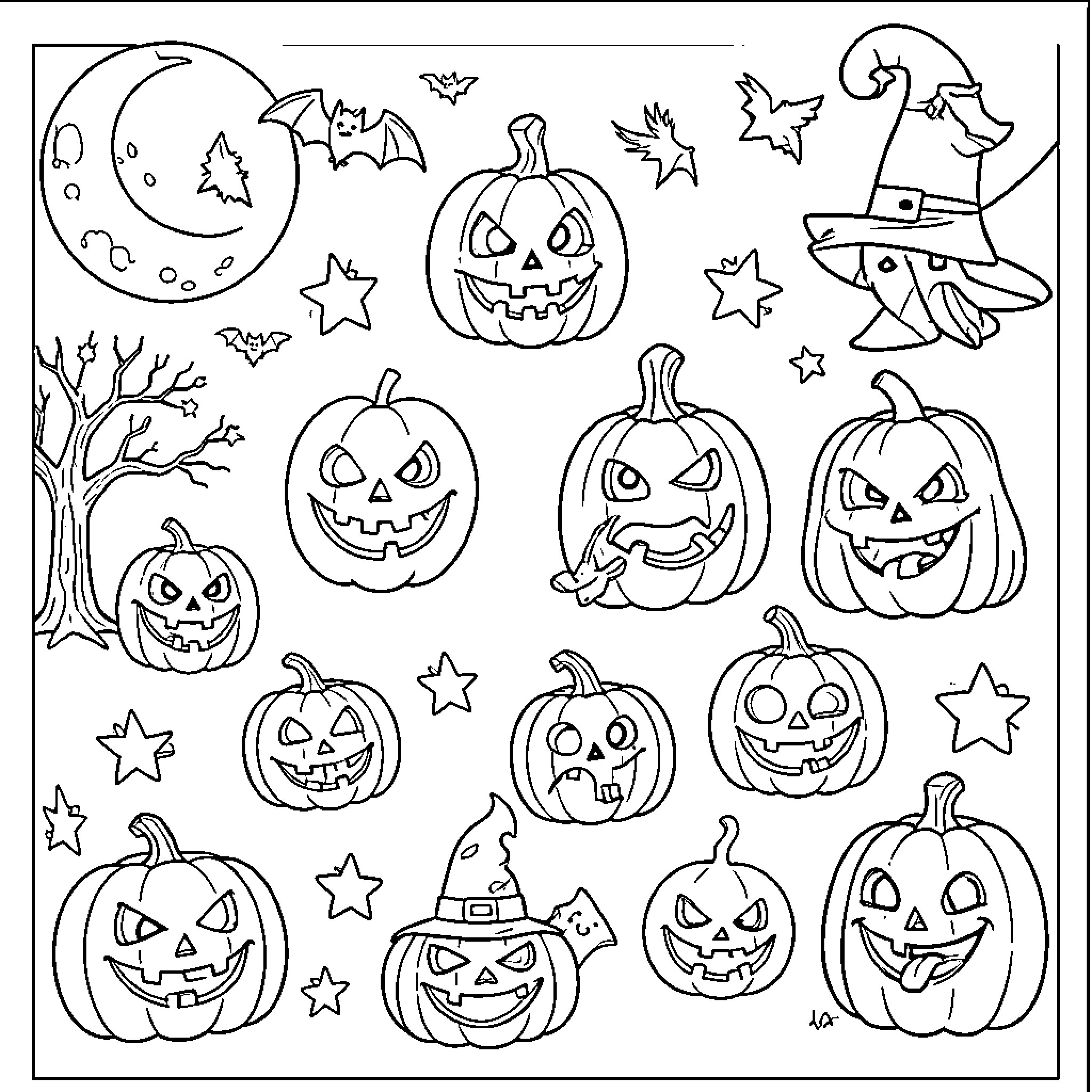 Halloween scene featuring smiling jack-o'-lanterns and flying bats Coloring Page (free black-and-white line drawing printable PDF for all, from beginners to advanced learners, including children, teens, adults, and seniors)