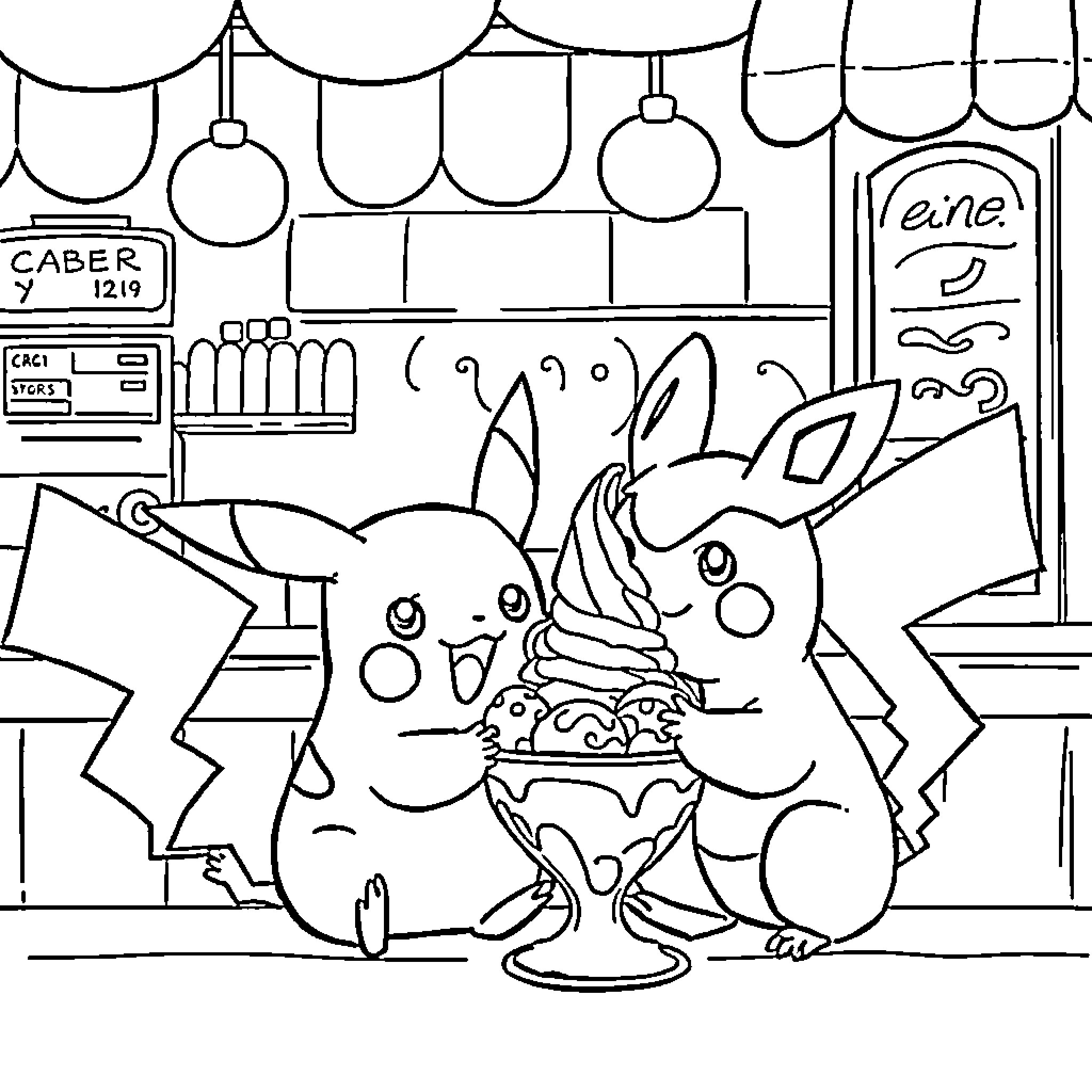 Pikachu enjoying a delightful ice cream treat Coloring Page (free black-and-white line drawing printable PDF for all, from beginners to advanced learners, including children, teens, adults, and seniors)