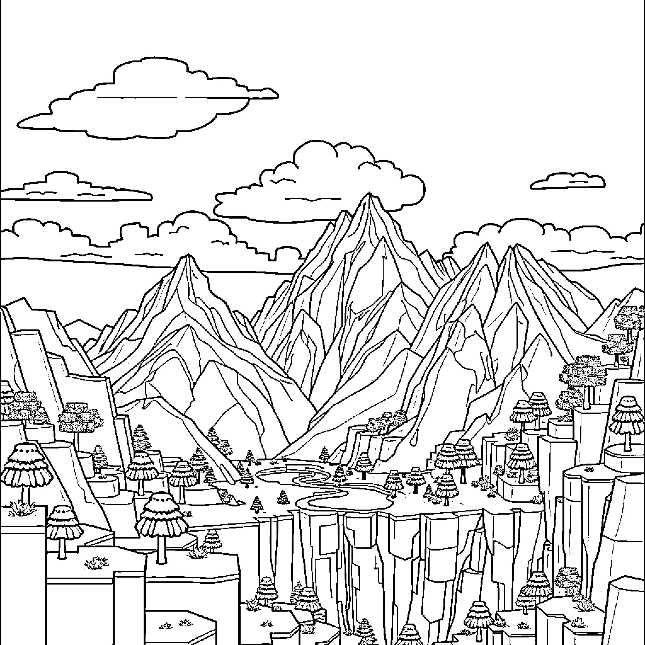 Minecraft Mountainous Landscape and Village Coloring Page (free black-and-white line drawing printable PDF for all, from beginners to advanced learners, including children, teens, adults, and seniors)