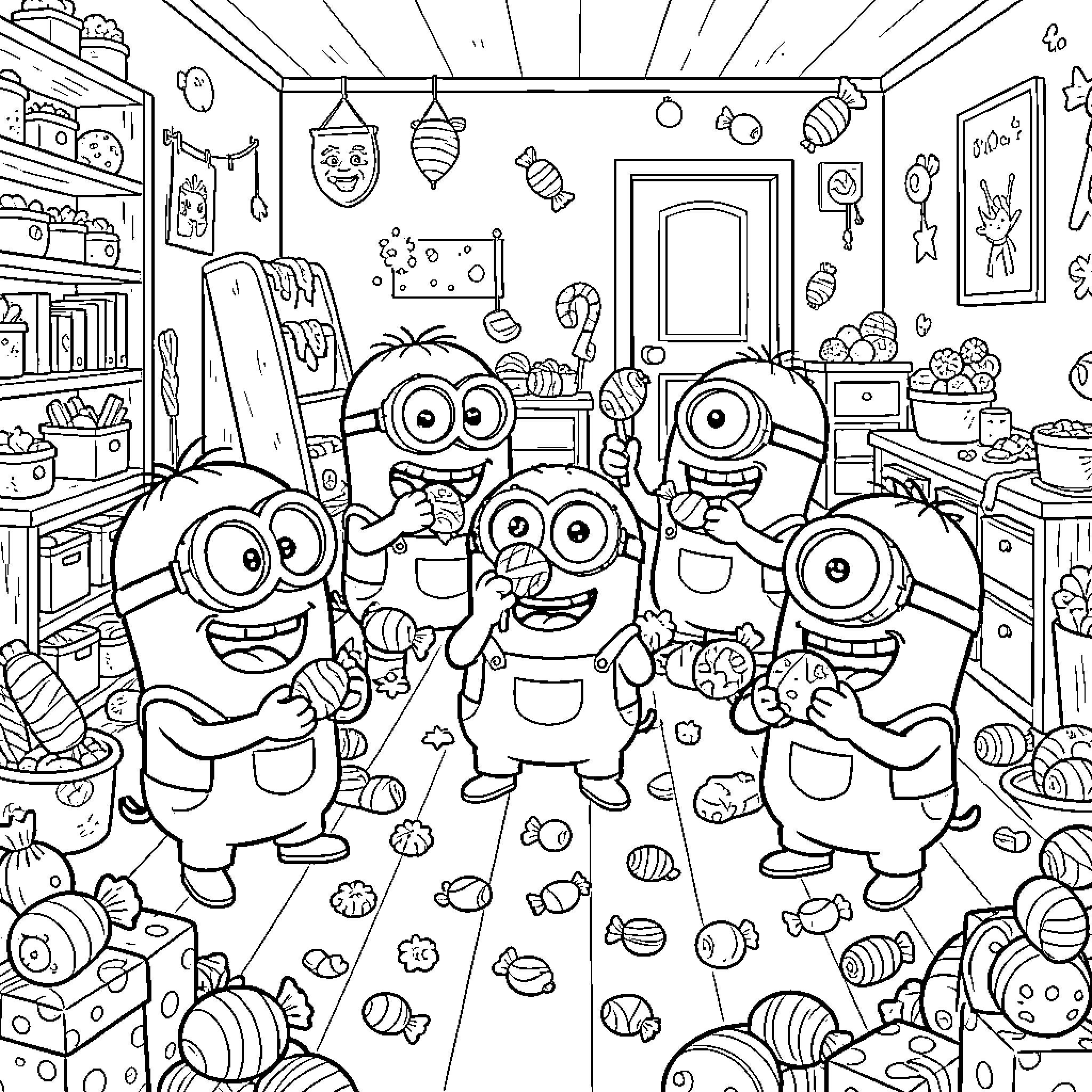 Minions enjoying a lively gathering in their cozy home Coloring Page (free black-and-white line drawing printable PDF for all, from beginners to advanced learners, including children, teens, adults, and seniors)