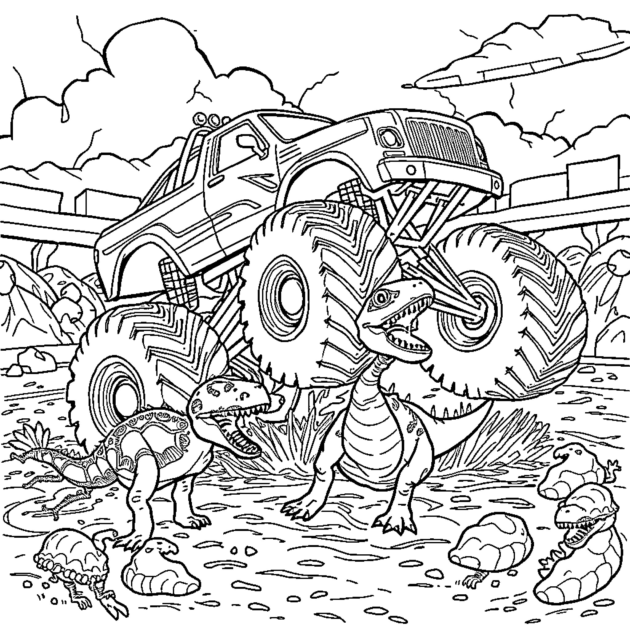 Monster Truck Crushing Dinosaurs in the Desert Coloring Page (free black-and-white line drawing printable PDF for all, from beginners to advanced learners, including children, teens, adults, and seniors)