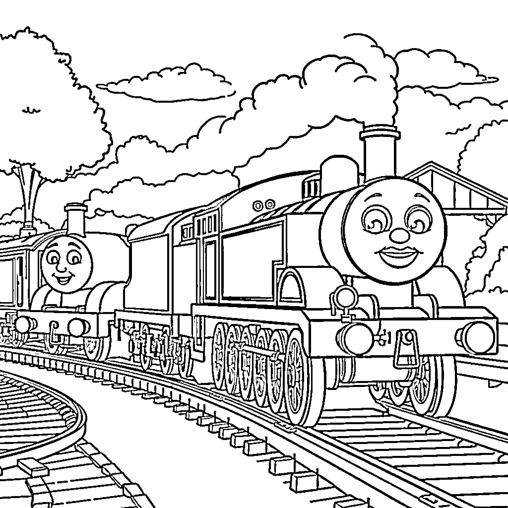 Thomas and Friends Enjoying the Scenic Railway Journey Coloring Page (free black-and-white line drawing printable PDF for all, from beginners to advanced learners, including children, teens, adults, and seniors)