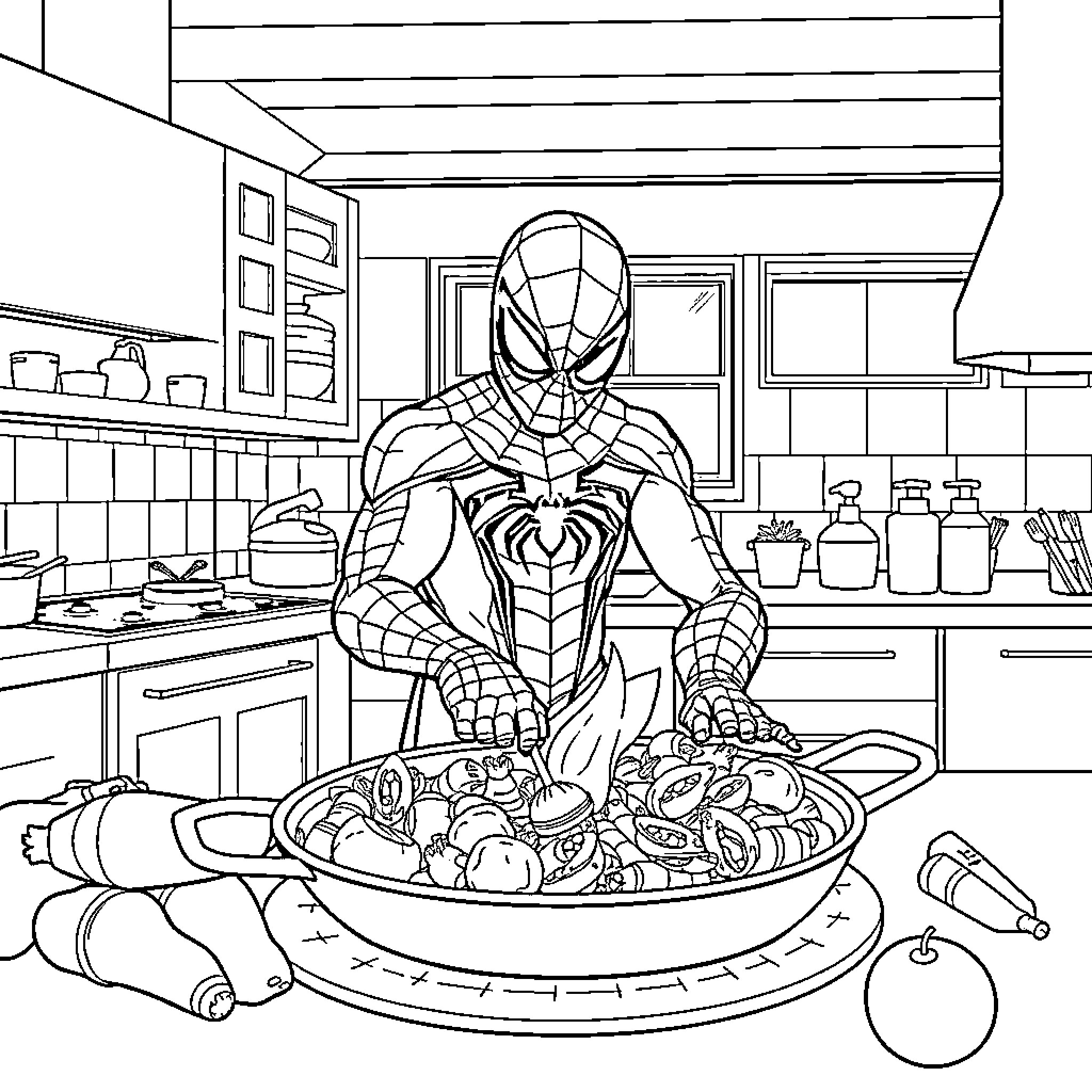 Spiderman Cooking a Delicious Meal in the Kitchen Coloring Page (free black-and-white line drawing printable PDF for all, from beginners to advanced learners, including children, teens, adults, and seniors)