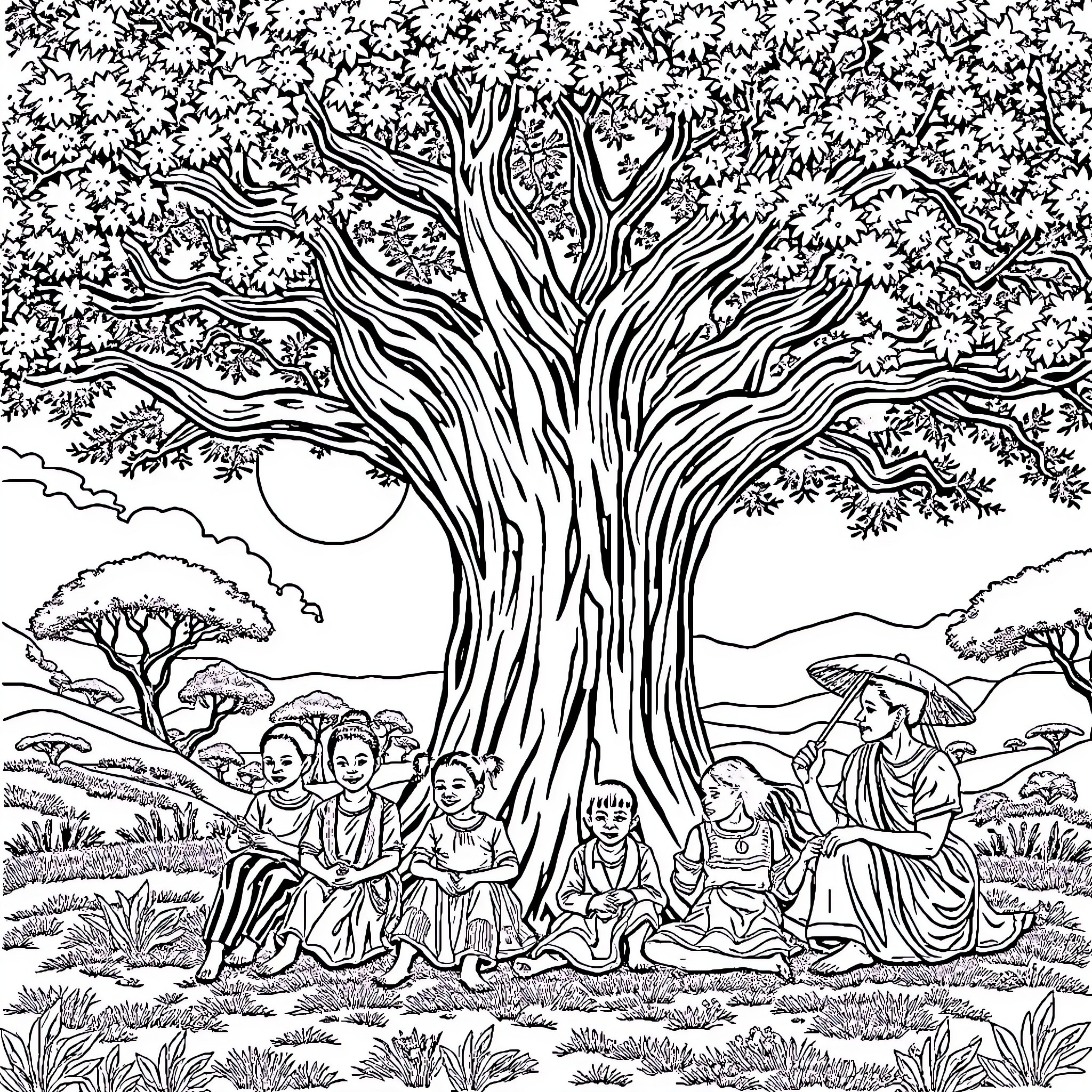 African People Gathering Under a Majestic Tree Coloring Page (free black-and-white line drawing printable PDF for all, from beginners to advanced learners, including children, teens, adults, and seniors)