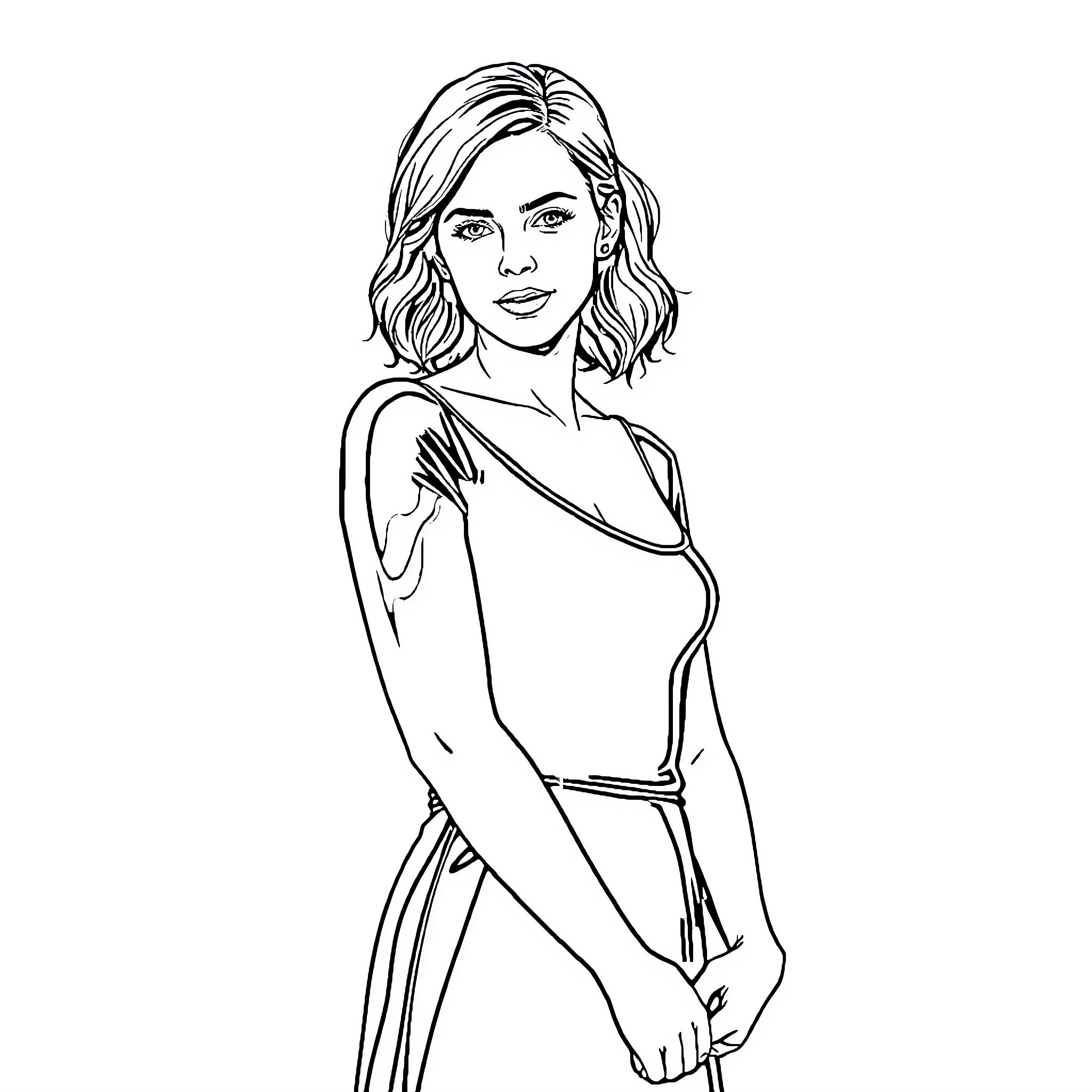 Emma Watson in a casual and confident pose Coloring Page (free black-and-white line drawing printable PDF for all, from beginners to advanced learners, including children, teens, adults, and seniors)