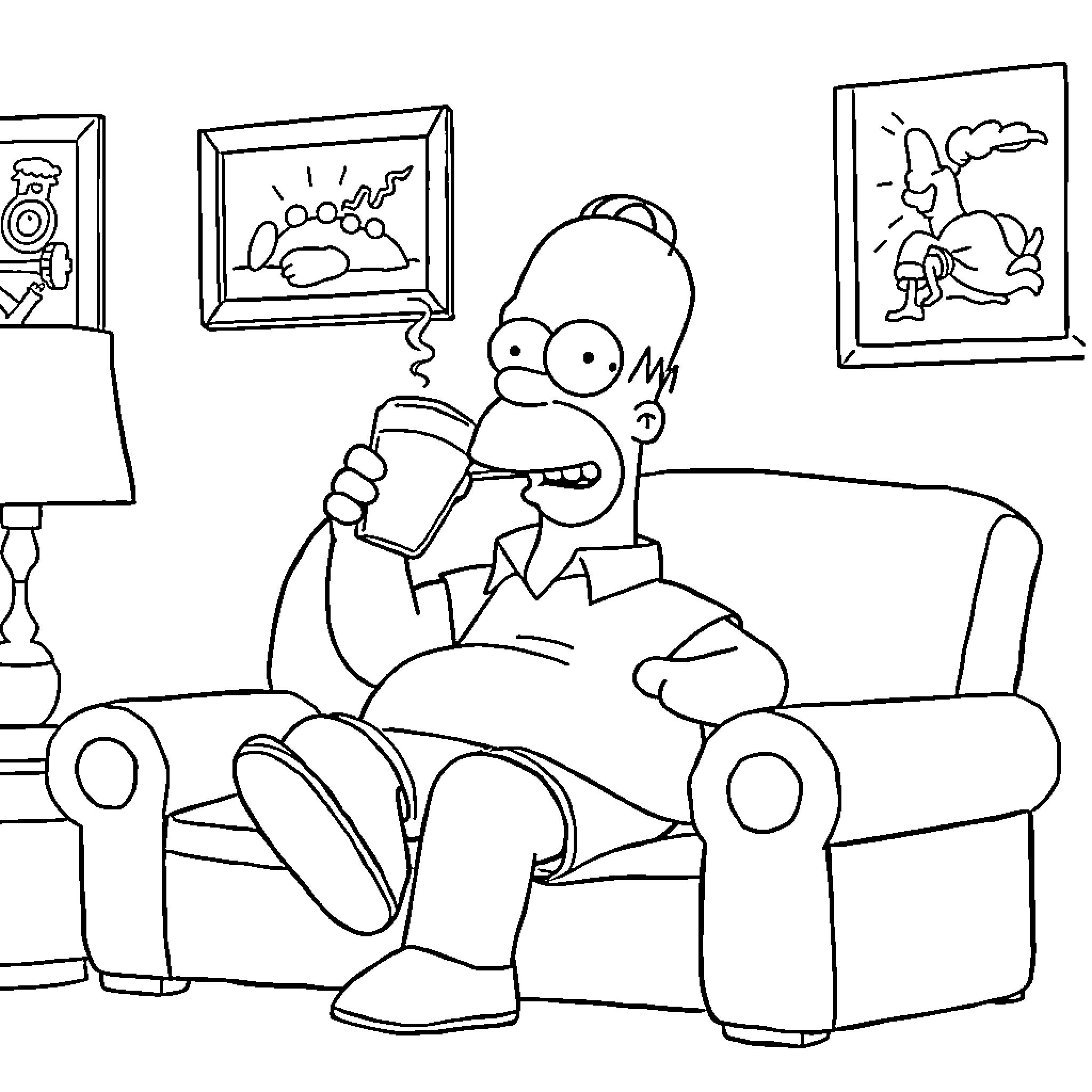 Simpson relaxing with book on sofa Coloring Page (free black-and-white line drawing printable PDF for all, from beginners to advanced learners, including children, teens, adults, and seniors)
