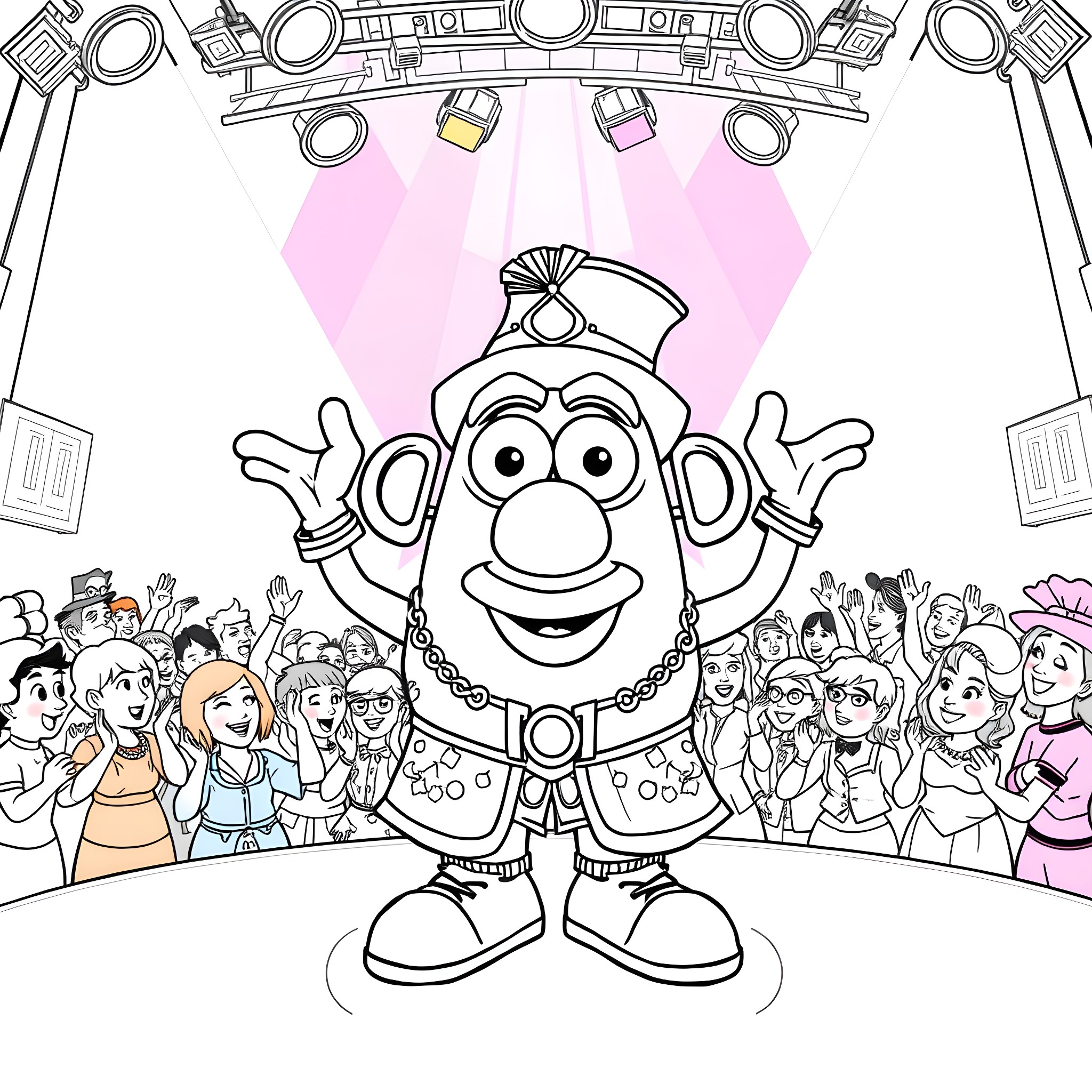 Mr. Potato Head performing on stage with a crowd Coloring Page (free black-and-white line drawing printable PDF for all, from beginners to advanced learners, including children, teens, adults, and seniors)