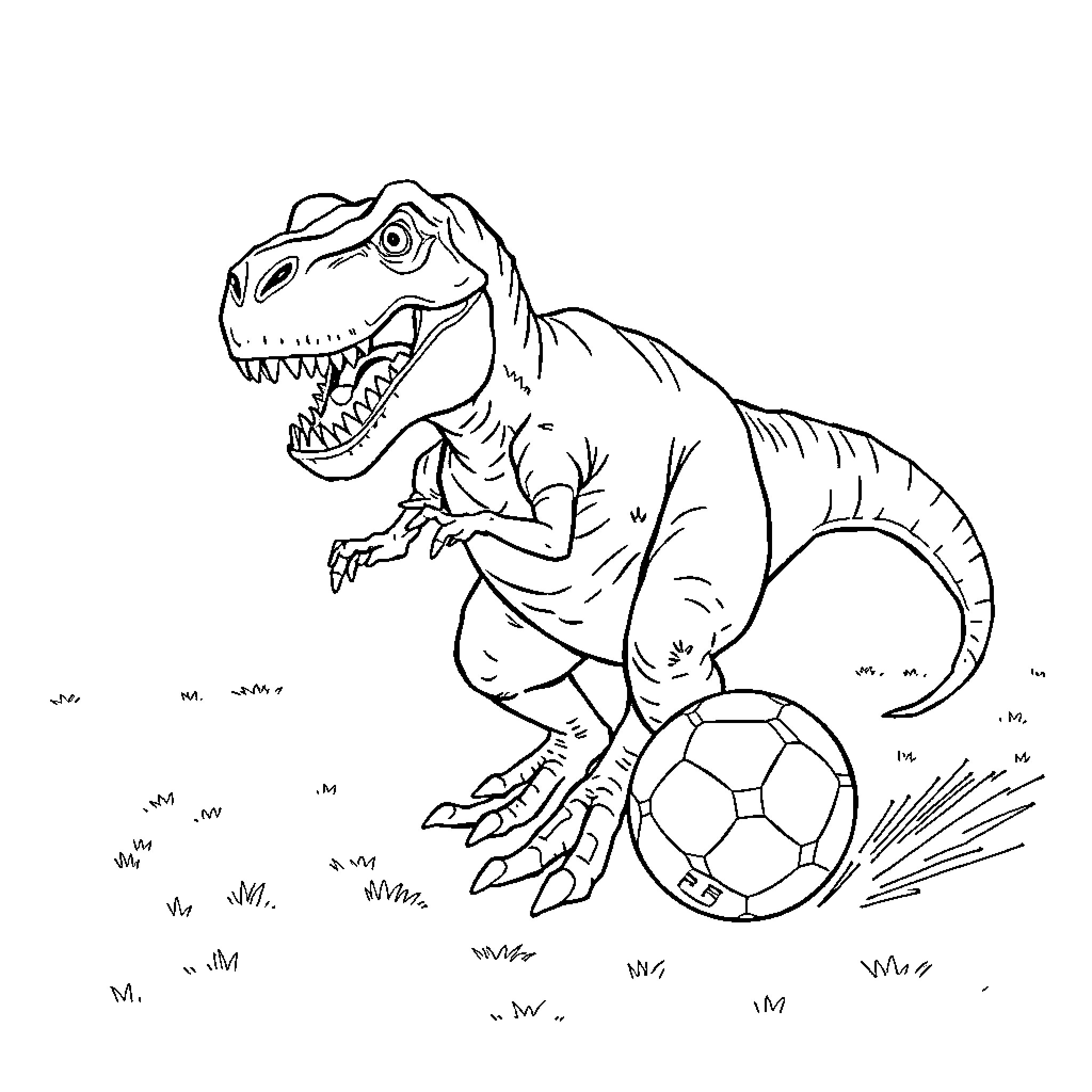 Dinosaur playing with a soccer ball Coloring Page (free black-and-white line drawing printable PDF for all, from beginners to advanced learners, including children, teens, adults, and seniors)