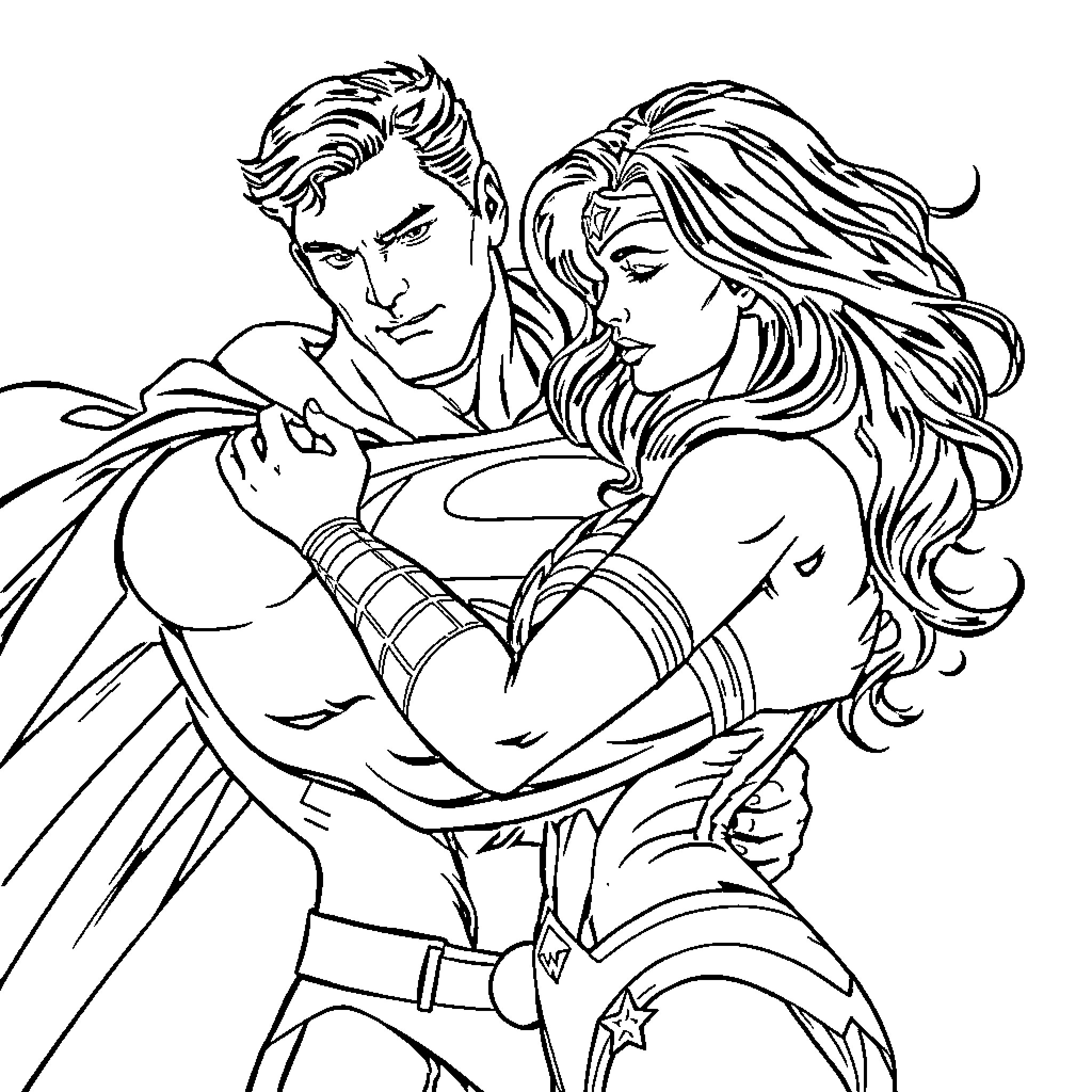 Superman and Wonder Woman embracing heroically Coloring Page (free black-and-white line drawing printable PDF for all, from beginners to advanced learners, including children, teens, adults, and seniors)