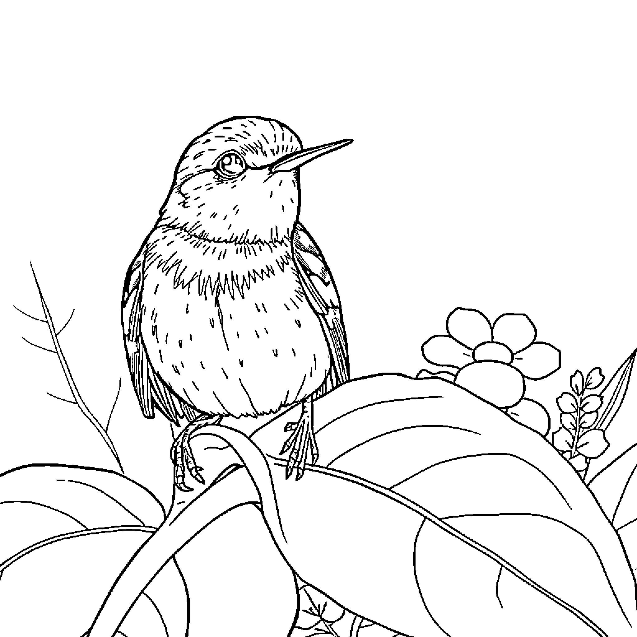 Ladybug perched on a flower amid greenery Coloring Page (free black-and-white line drawing printable PDF for all, from beginners to advanced learners, including children, teens, adults, and seniors)