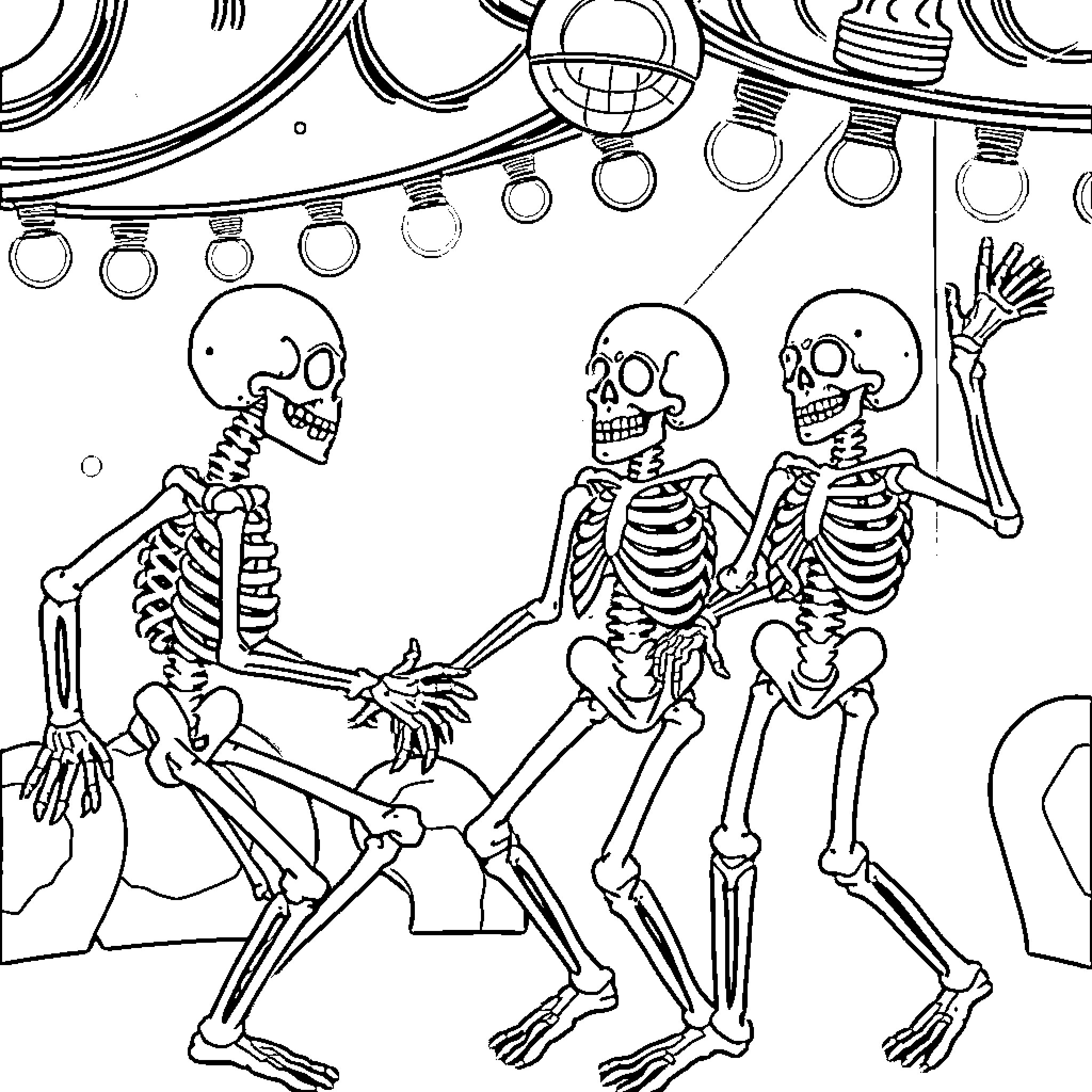 Skeleton friends dancing under the lights Coloring Page (free black-and-white line drawing printable PDF for all, from beginners to advanced learners, including children, teens, adults, and seniors)