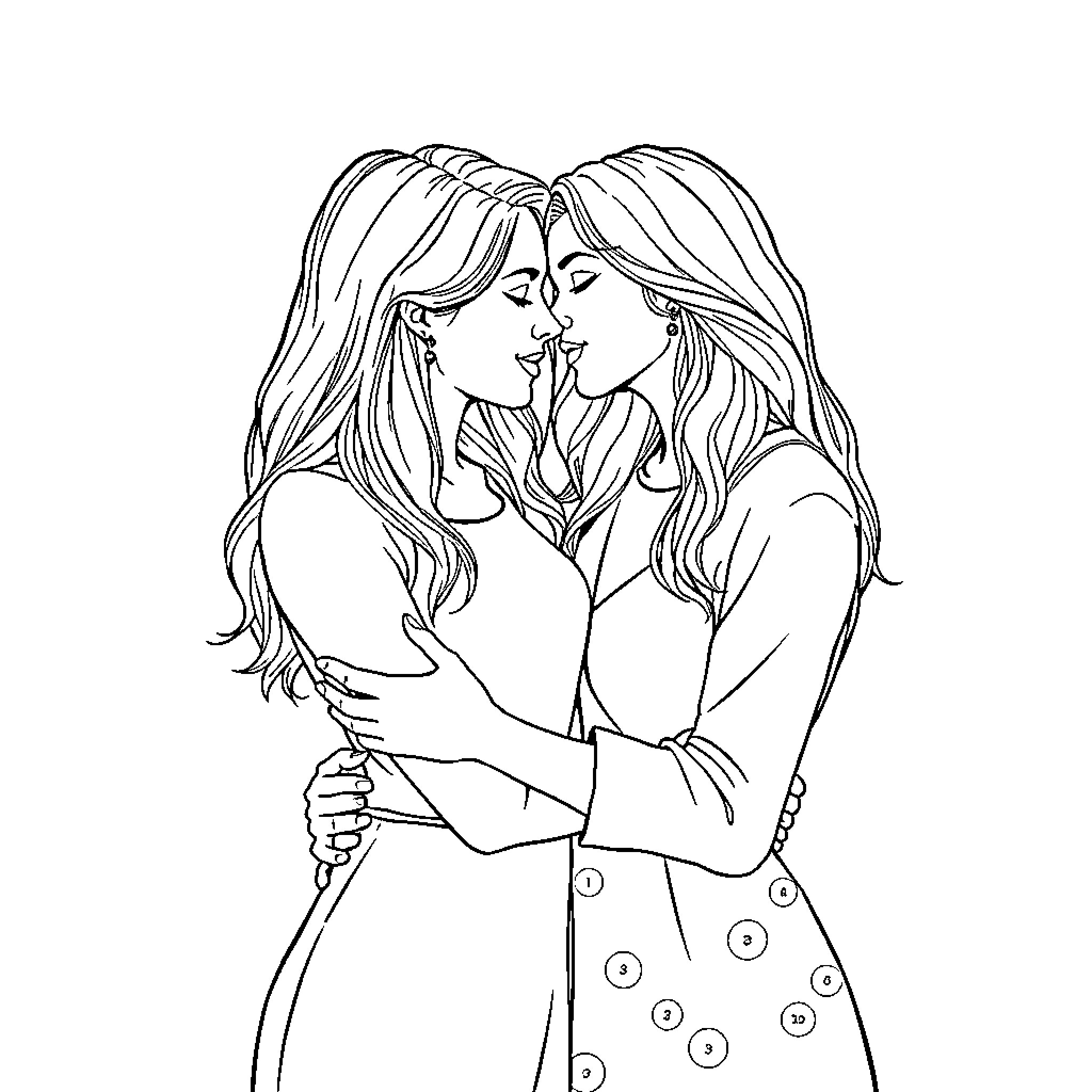 Lesbian lovers embracing intimately Coloring Page (free black-and-white line drawing printable PDF for all, from beginners to advanced learners, including children, teens, adults, and seniors)