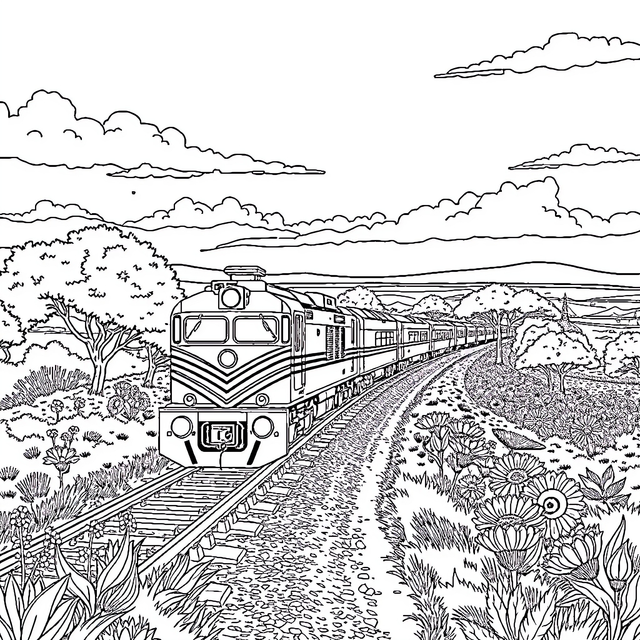 Train traveling through scenic countryside landscape Coloring Page (free black-and-white line drawing printable PDF for all, from beginners to advanced learners, including children, teens, adults, and seniors)