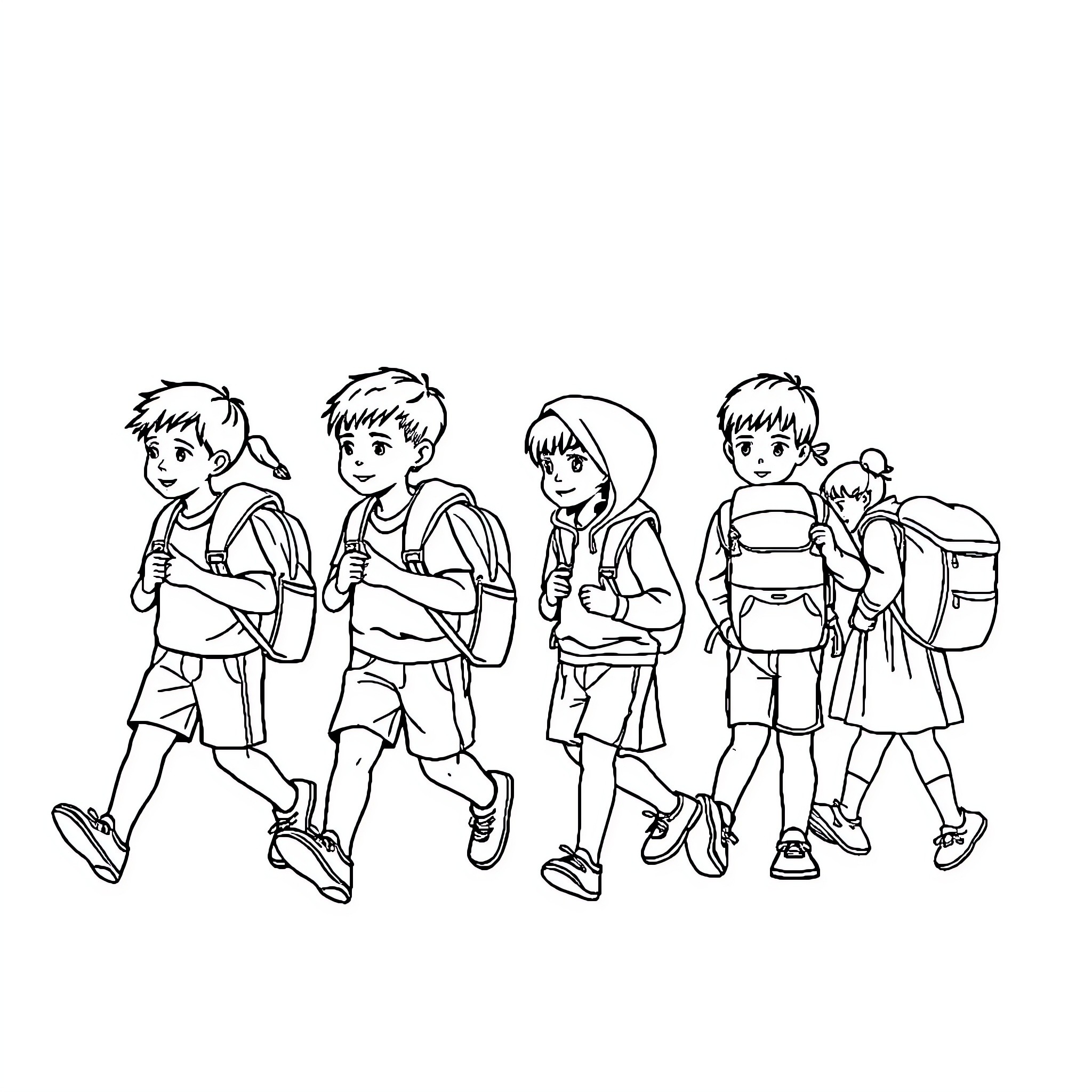 Schoolchildren walking to school together Coloring Page (free black-and-white line drawing printable PDF for all, from beginners to advanced learners, including children, teens, adults, and seniors)