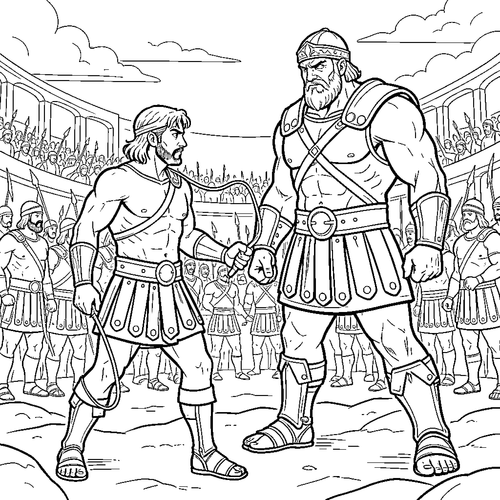 David and Goliath facing off in a large arena Coloring Page (free black-and-white line drawing printable PDF for all, from beginners to advanced learners, including children, teens, adults, and seniors)