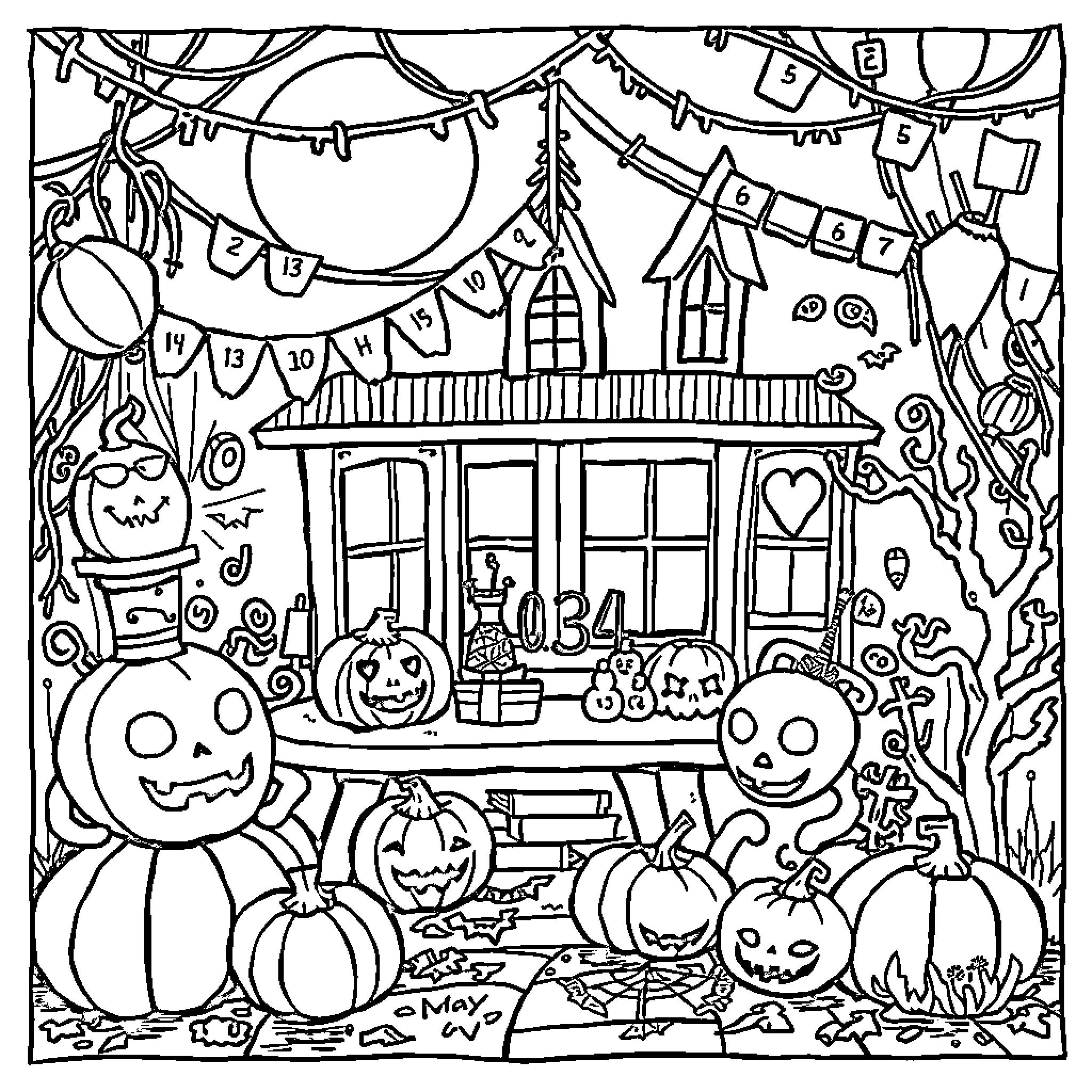 Halloween Fun at the Spooky Cottage Coloring Page (free black-and-white line drawing printable PDF for all, from beginners to advanced learners, including children, teens, adults, and seniors)