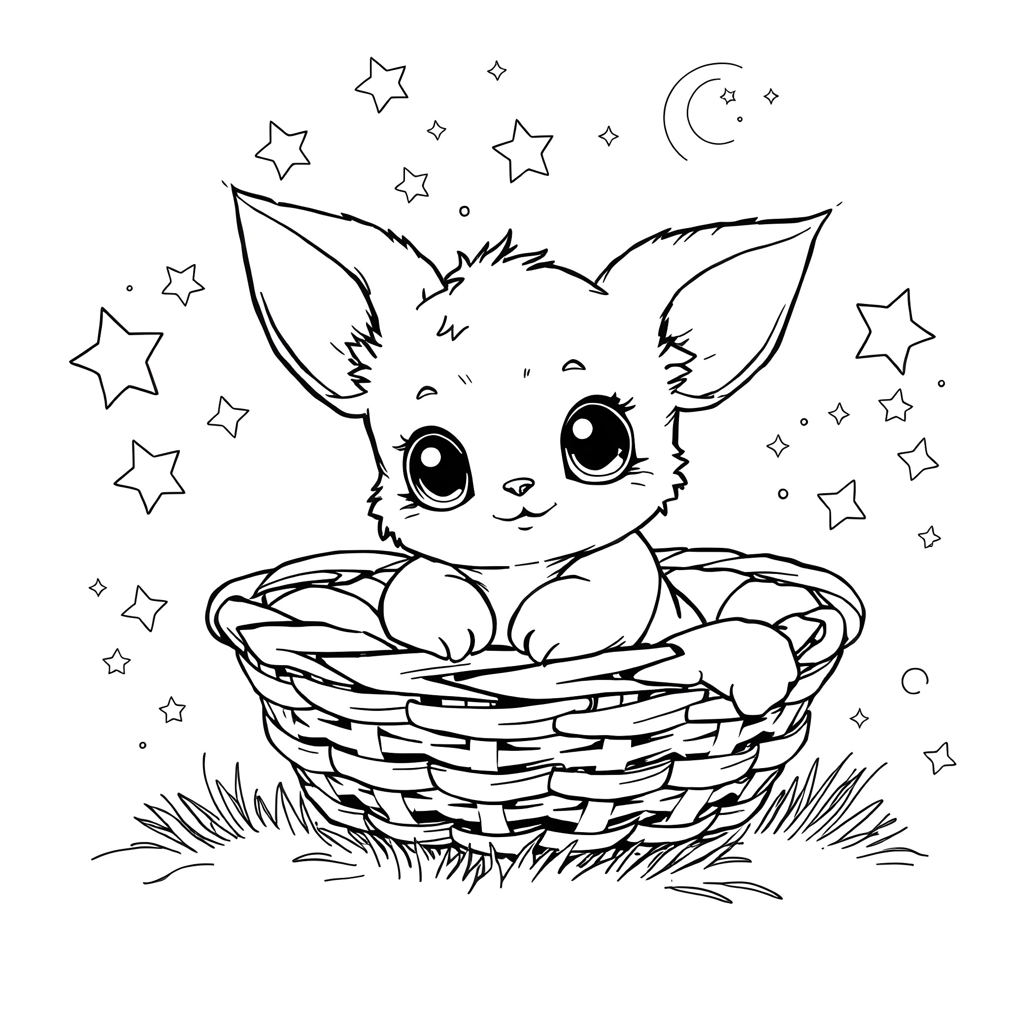Baby Yoda sitting in a basket surrounded by stars Coloring Page (free black-and-white line drawing printable PDF for all, from beginners to advanced learners, including children, teens, adults, and seniors)