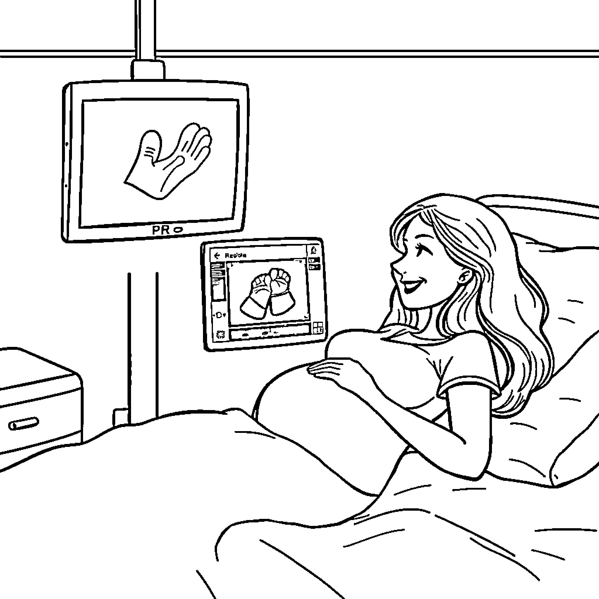 Pregnant Woman Happily Viewing Ultrasound Scan Coloring Page (free black-and-white line drawing printable PDF for all, from beginners to advanced learners, including children, teens, adults, and seniors)