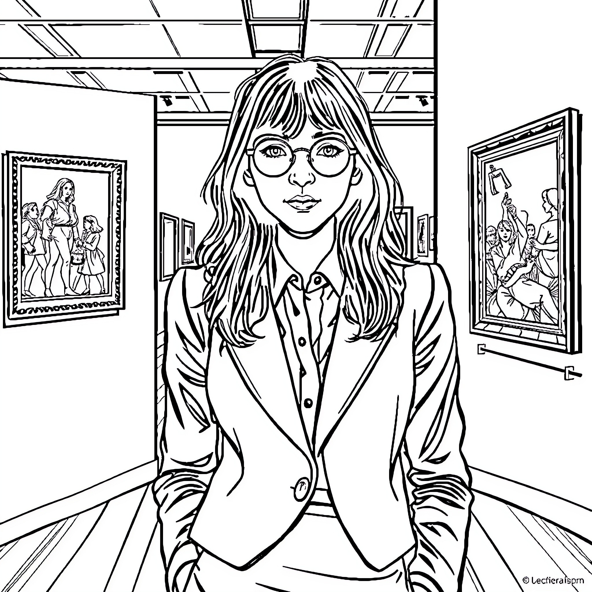 Girl exploring an art gallery Coloring Page (free black-and-white line drawing printable PDF for all, from beginners to advanced learners, including children, teens, adults, and seniors)