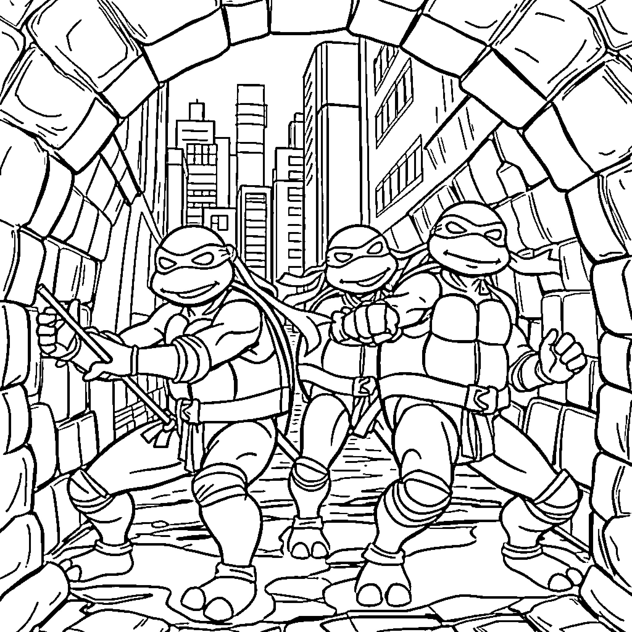 Ninja Turtles battling in a city street Coloring Page (free black-and-white line drawing printable PDF for all, from beginners to advanced learners, including children, teens, adults, and seniors)