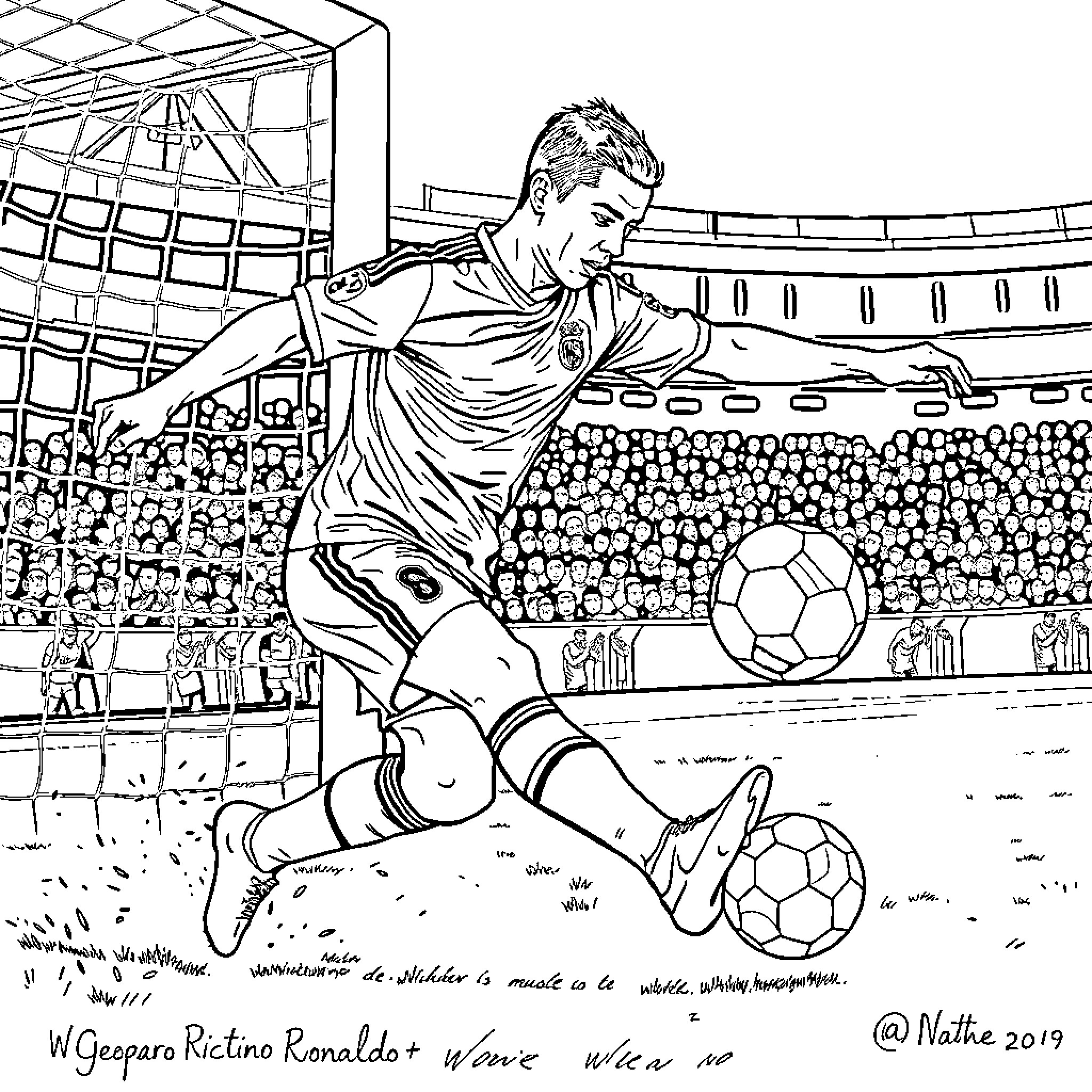 Cristiano Ronaldo playing soccer in stadium Coloring Page (free black-and-white line drawing printable PDF for all, from beginners to advanced learners, including children, teens, adults, and seniors)