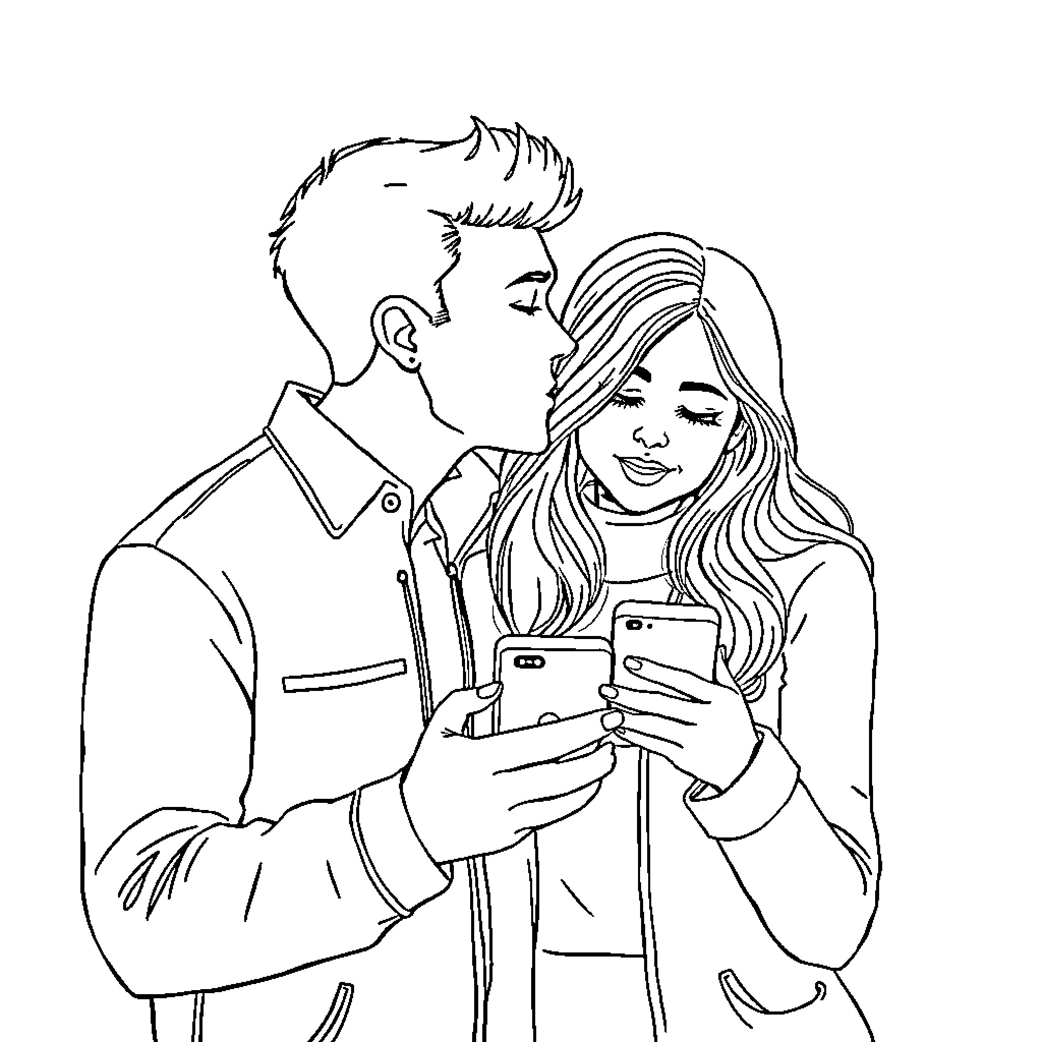 Couple looking at smartphone together Coloring Page (free black-and-white line drawing printable PDF for all, from beginners to advanced learners, including children, teens, adults, and seniors)