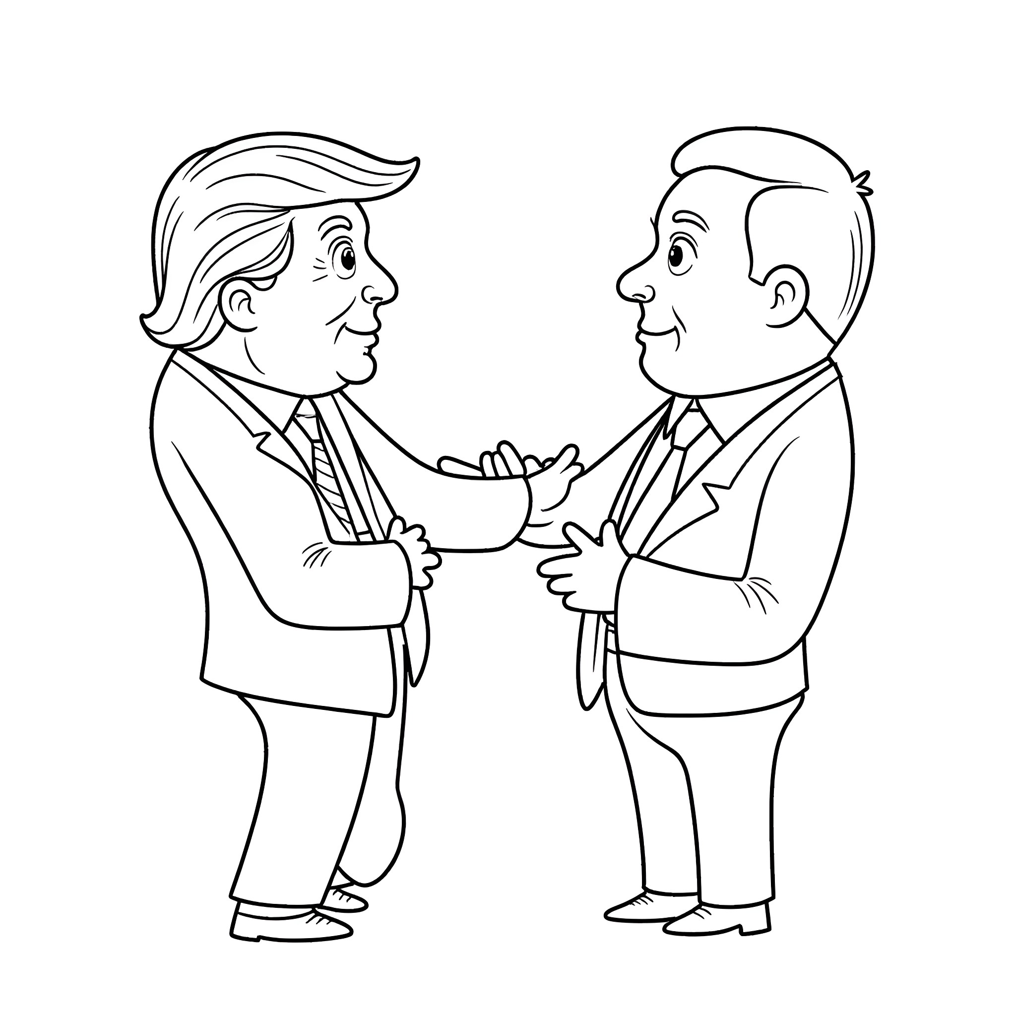 Trump shaking hands with political rival in formal attire Coloring Page (free black-and-white line drawing printable PDF for all, from beginners to advanced learners, including children, teens, adults, and seniors)