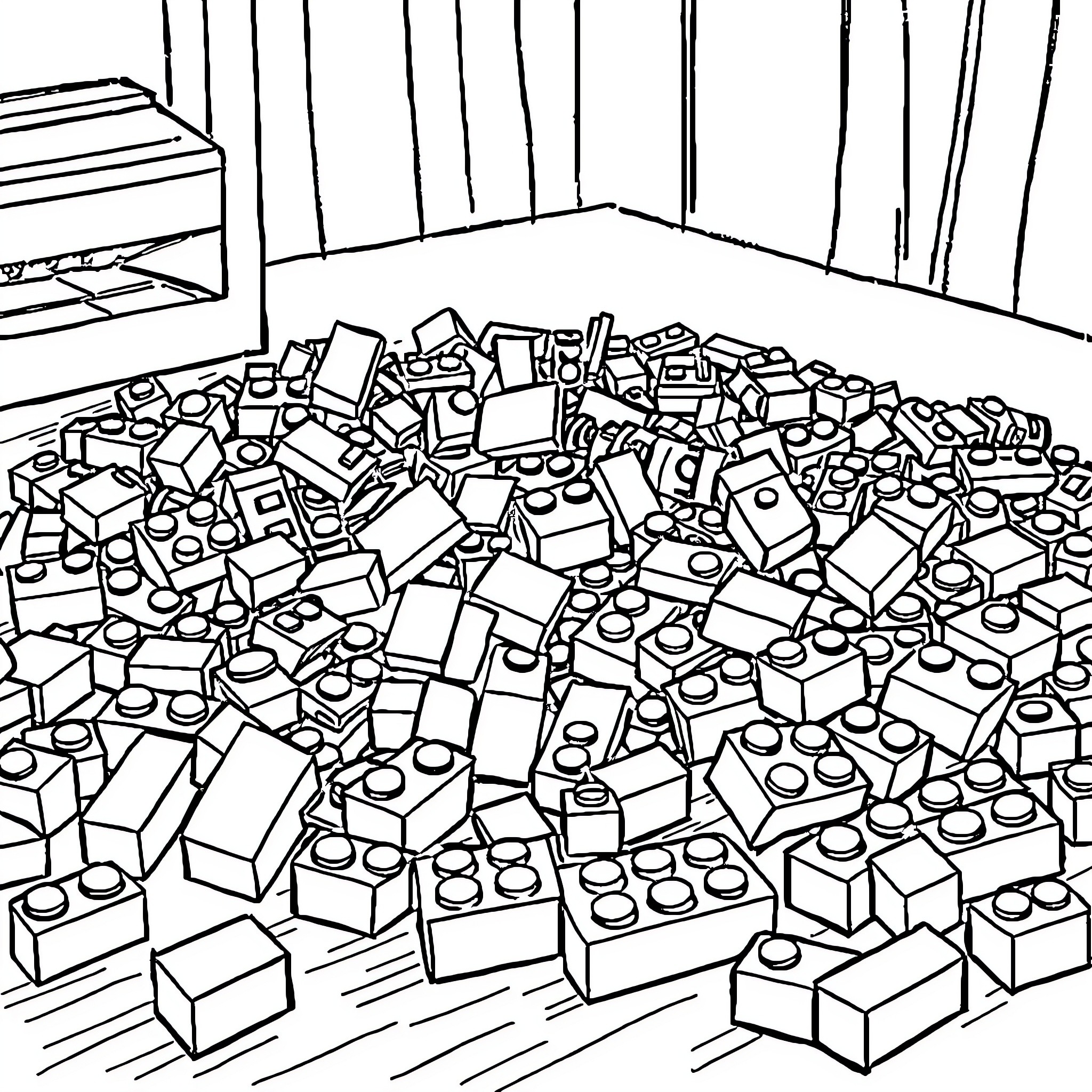 Lego bricks scattered across the floor Coloring Page (free black-and-white line drawing printable PDF for all, from beginners to advanced learners, including children, teens, adults, and seniors)