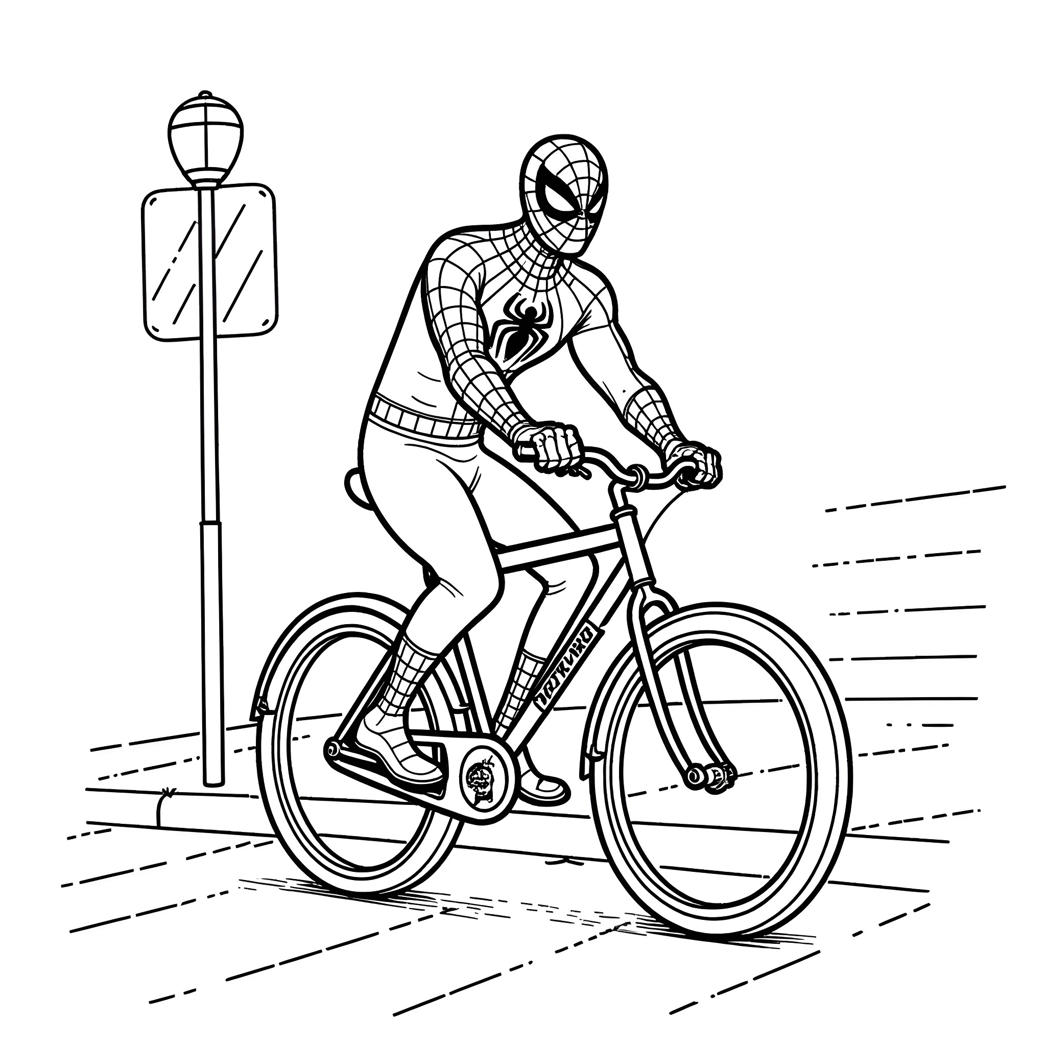 Spider-Man riding a bicycle on city street Coloring Page (free black-and-white line drawing printable PDF for all, from beginners to advanced learners, including children, teens, adults, and seniors)