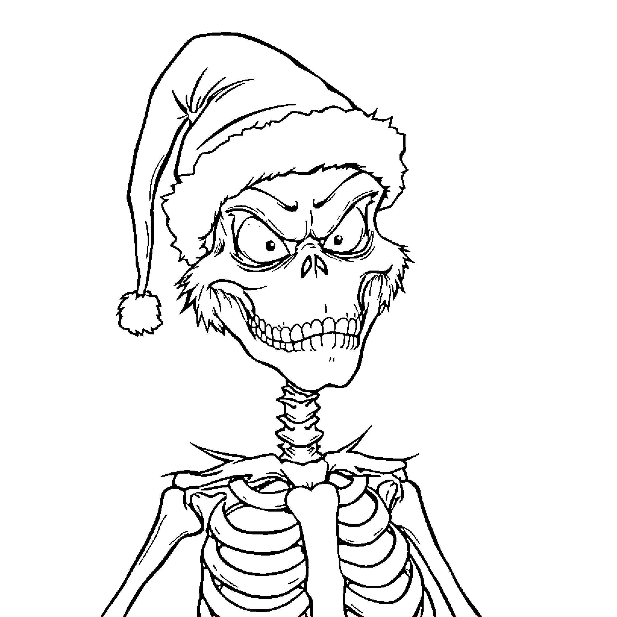 Grinch Skeleton with Angry Expression and Santa Hat Coloring Page (free black-and-white line drawing printable PDF for all, from beginners to advanced learners, including children, teens, adults, and seniors)