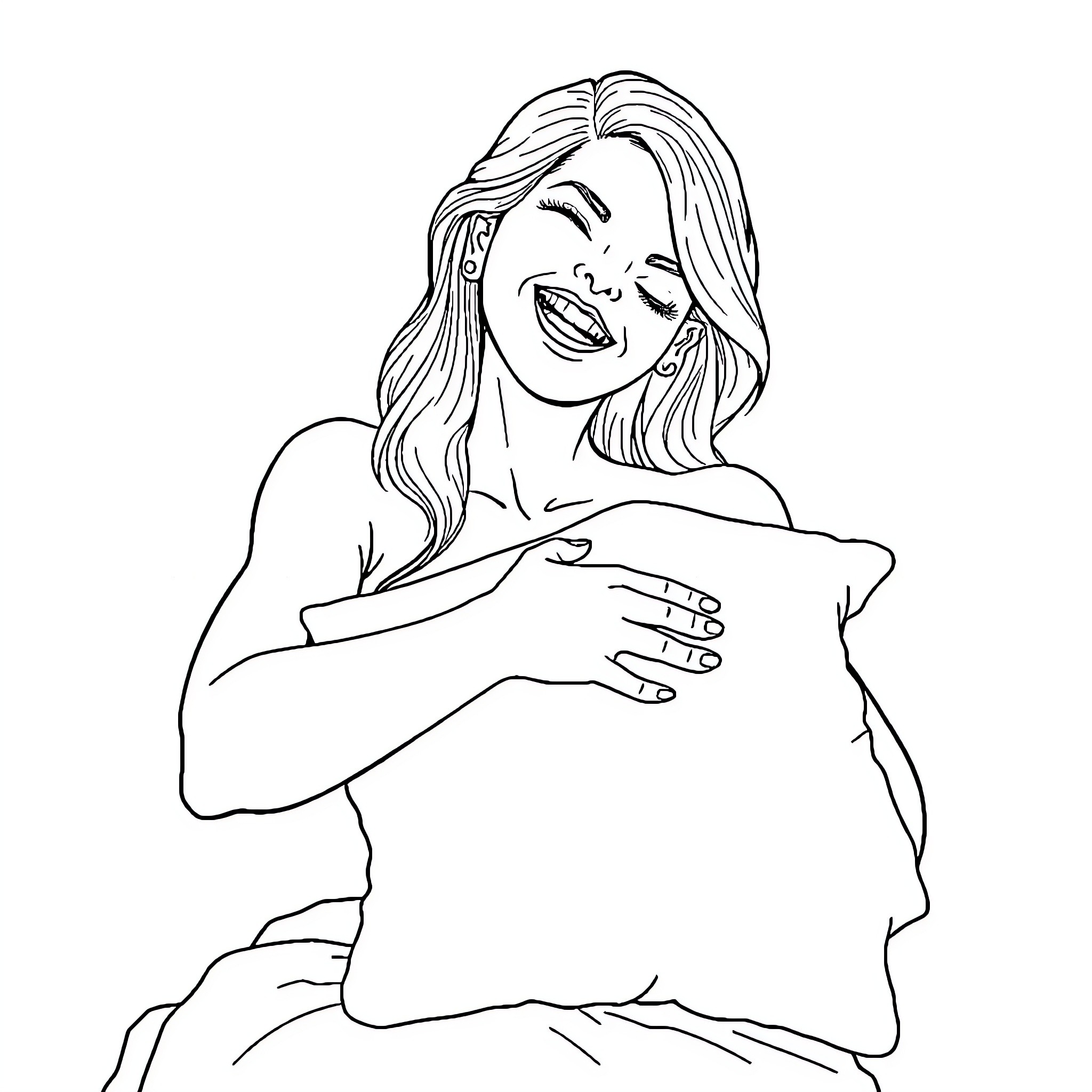 Woman laughing joyfully with arms crossed Coloring Page (free black-and-white line drawing printable PDF for all, from beginners to advanced learners, including children, teens, adults, and seniors)