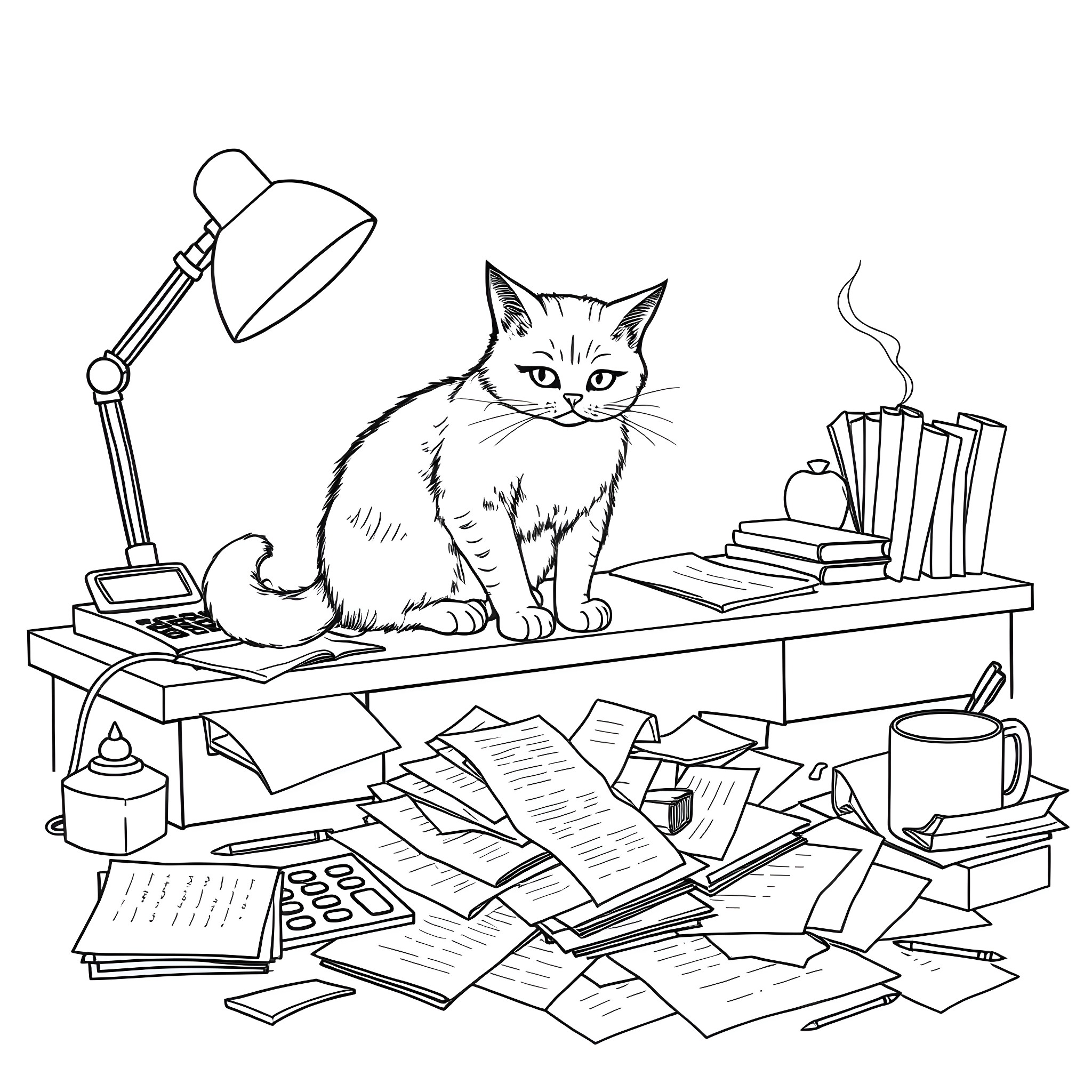 Cat sitting on cluttered desk with books and lamp Coloring Page (free black-and-white line drawing printable PDF for all, from beginners to advanced learners, including children, teens, adults, and seniors)