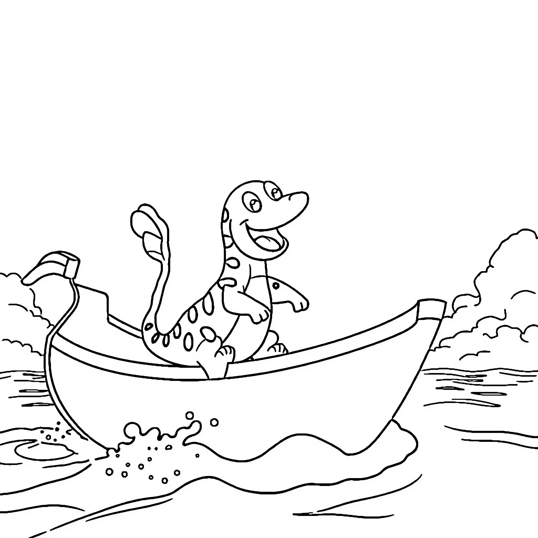 Boat with a happy cartoon dinosaur Coloring Page (free black-and-white line drawing printable PDF for all, from beginners to advanced learners, including children, teens, adults, and seniors)