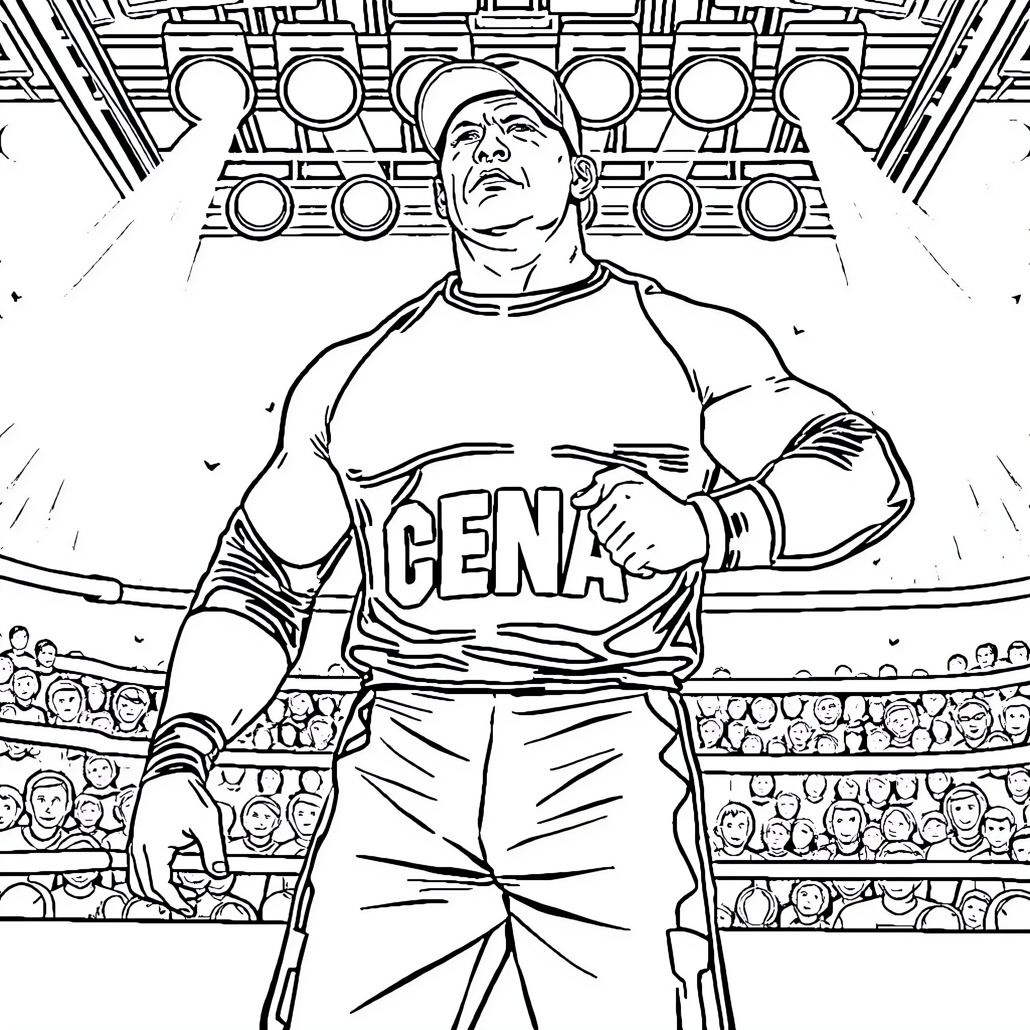 John Cena Performing in a Wrestling Arena Coloring Page (free black-and-white line drawing printable PDF for all, from beginners to advanced learners, including children, teens, adults, and seniors)