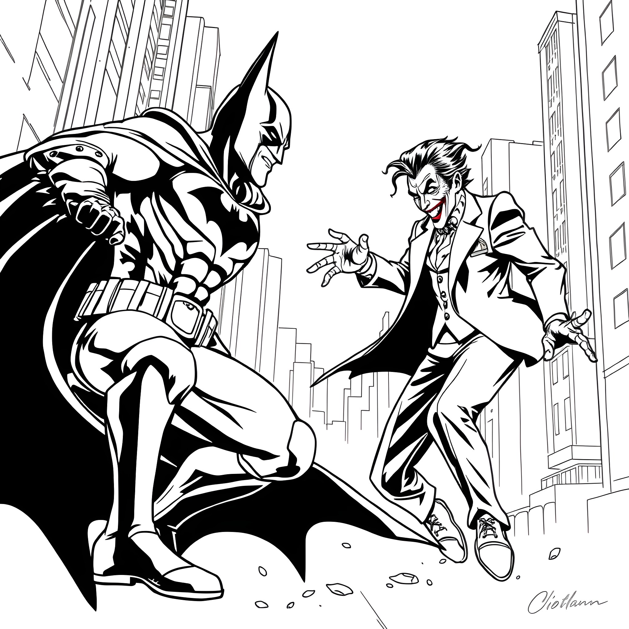 Joker confronting the Dark Knight in the city Coloring Page (free black-and-white line drawing printable PDF for all, from beginners to advanced learners, including children, teens, adults, and seniors)