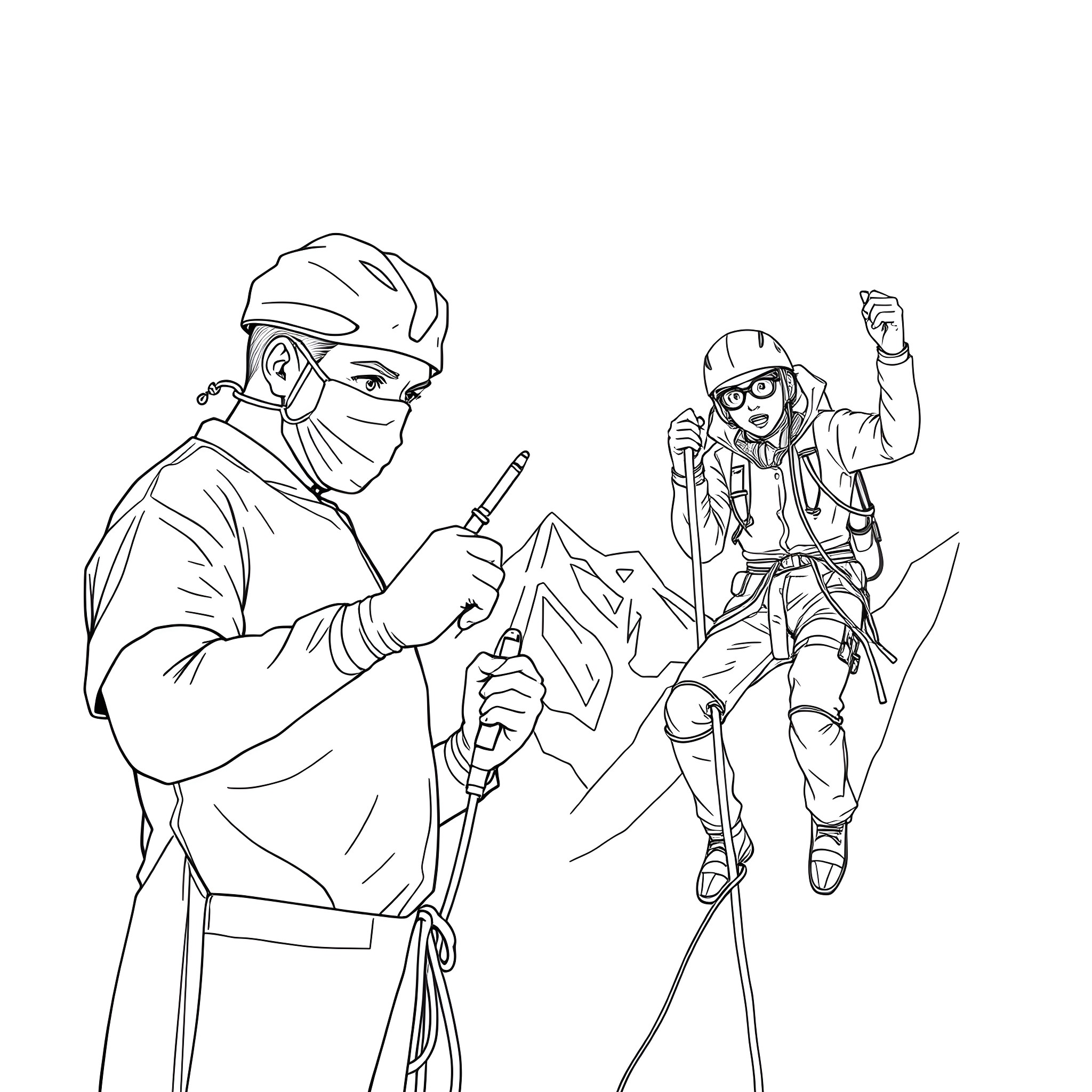 Britt's Outdoor Adventure: Climbers Scaling Rugged Terrain Coloring Page (free black-and-white line drawing printable PDF for all, from beginners to advanced learners, including children, teens, adults, and seniors)